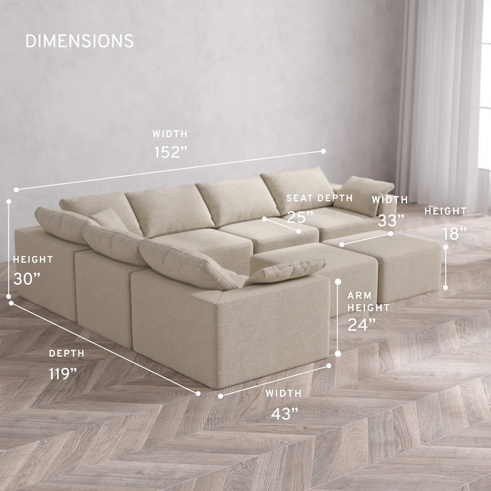 Modular Washable 6-Seater Corner Sectional + Ottoman Bench Cloud Sofa | Plush Twill in Sandstone - Image 5