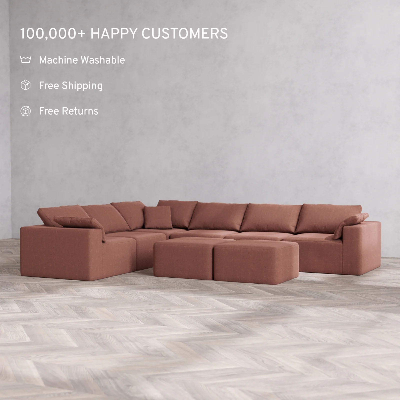 Modular Washable 6-Seater Corner Sectional + Ottoman Bench Cloud Sofa | Heirloom Velvet in Sumac - Image 2
