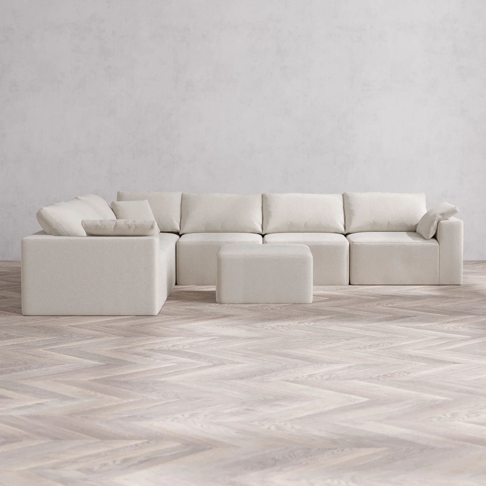 Modular Washable 6-Seater Corner Sectional + Ottoman Cloud Sofa | Lux Weave in Pearl