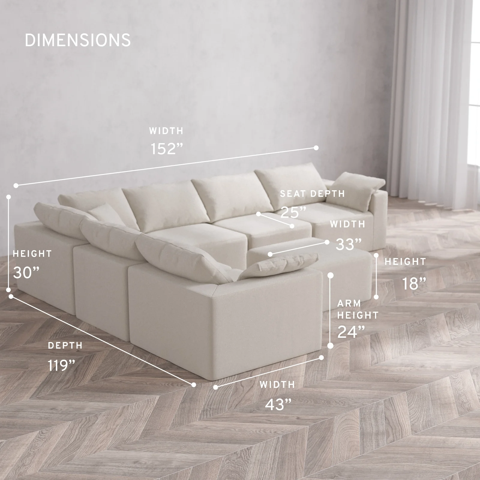 Modular Washable 6-Seater Corner Sectional + Ottoman Cloud Sofa | Lux Weave in Pearl - Image 5