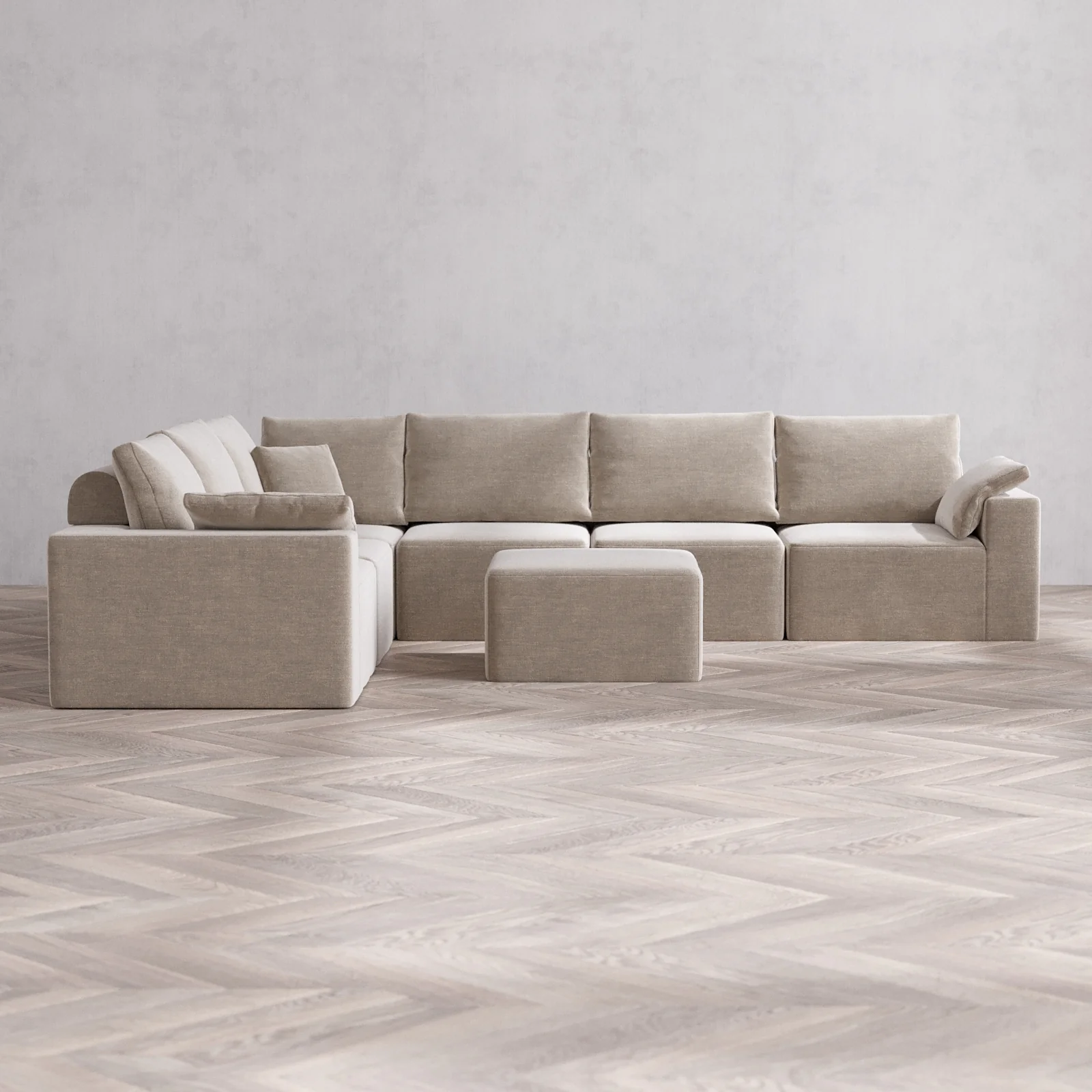 Modular Washable 6-Seater Corner Sectional + Ottoman Cloud + Bolster Sofa | Satin Velvet in Caraway