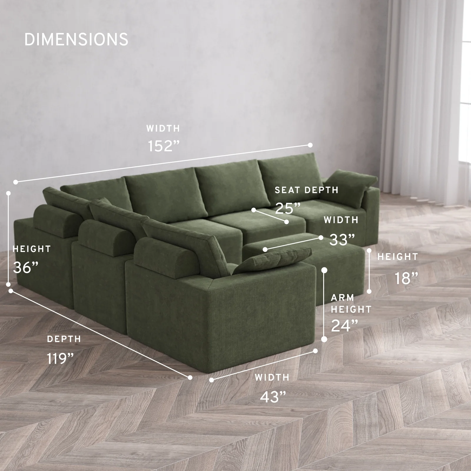 Modular Washable 6-Seater Corner Sectional + Ottoman Cloud + Bolster Sofa | Luxe Corduroy in Juniper - Image 5