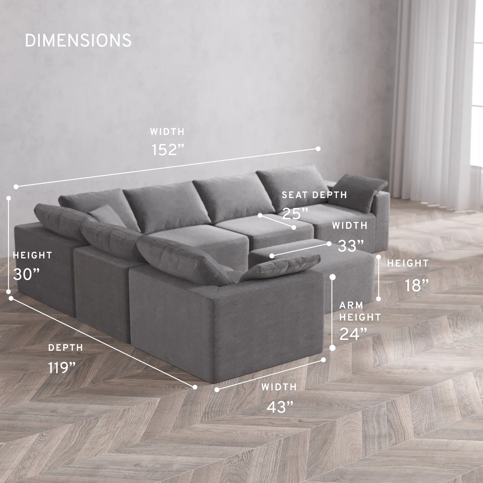 Modular Washable 6-Seater Corner Sectional + Ottoman Cloud Sofa | Lux Weave in Slate - Image 5