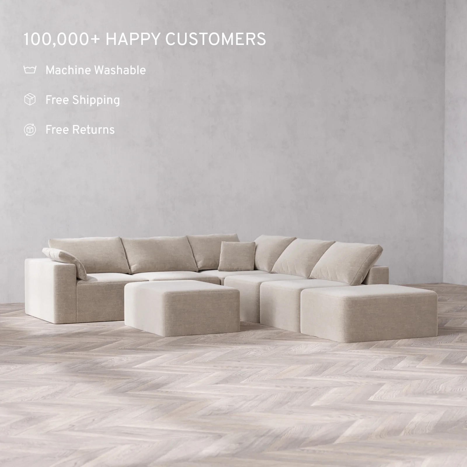 Modular Washable 6-Seater Open End Corner Sectional + Chaise Ottoman Cloud Sofa | Left-Facing Arm | Satin Velvet in Caraway - Image 2