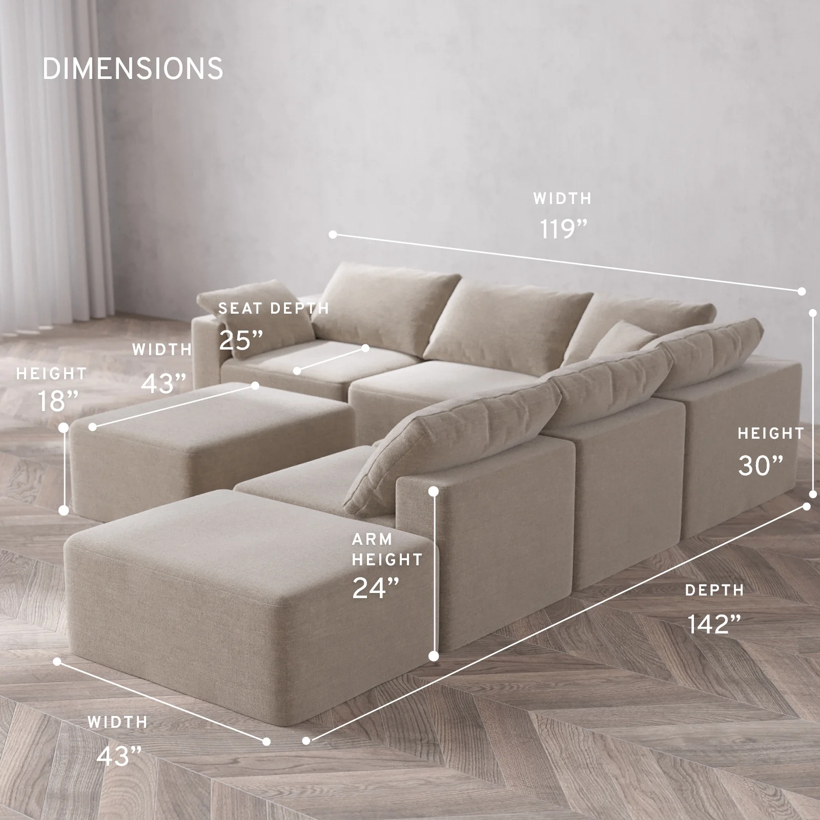 Modular Washable 6-Seater Open End Corner Sectional + Chaise Ottoman Cloud Sofa | Left-Facing Arm | Satin Velvet in Caraway - Image 5