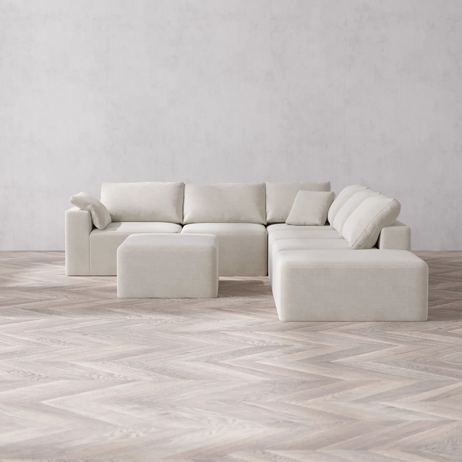 Modular Washable 6-Seater Open End Corner Sectional + Chaise Ottoman Cloud Sofa | Left-Facing Arm | Satin Velvet in Cashew