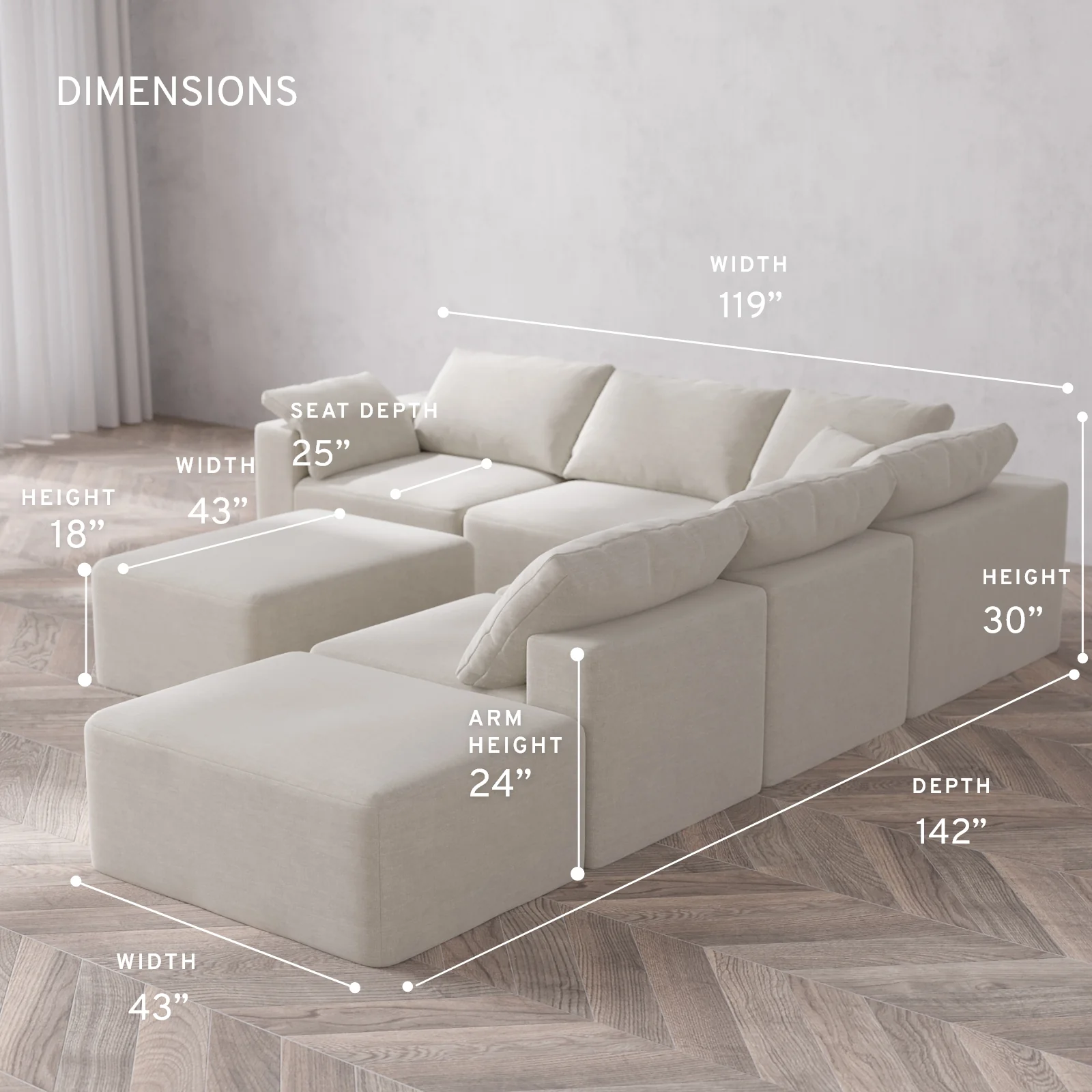 Modular Washable 6-Seater Open End Corner Sectional + Chaise Ottoman Cloud Sofa | Left-Facing Arm | Satin Velvet in Cashew - Image 5