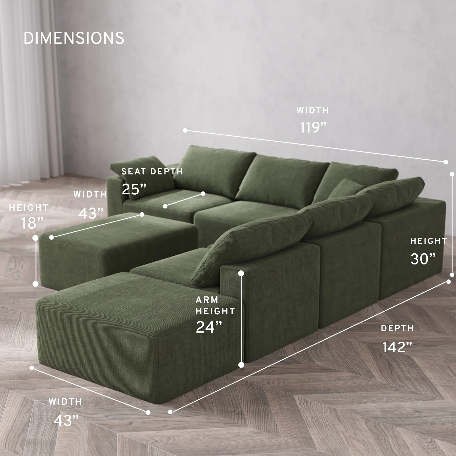 Modular Washable 6-Seater Open End Corner Sectional + Chaise Ottoman Cloud Sofa | Left-Facing Arm | Luxe Corduroy in Juniper - Image 5