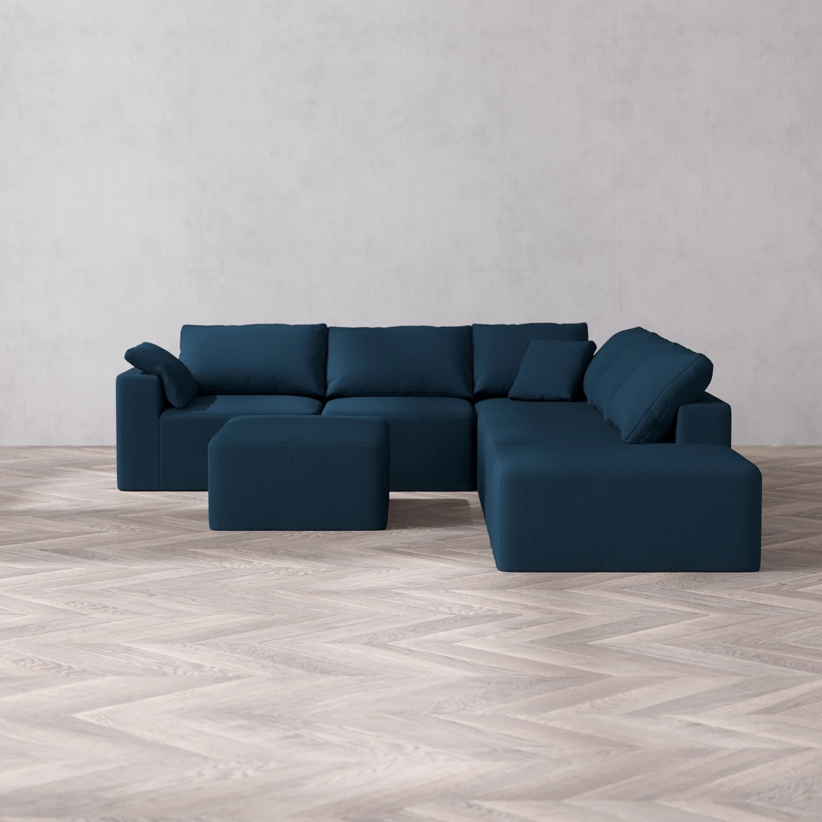 Modular Washable 6-Seater Open End Corner Sectional + Chaise Ottoman Cloud Sofa | Left-Facing Arm | Arden Weave in Lazuli