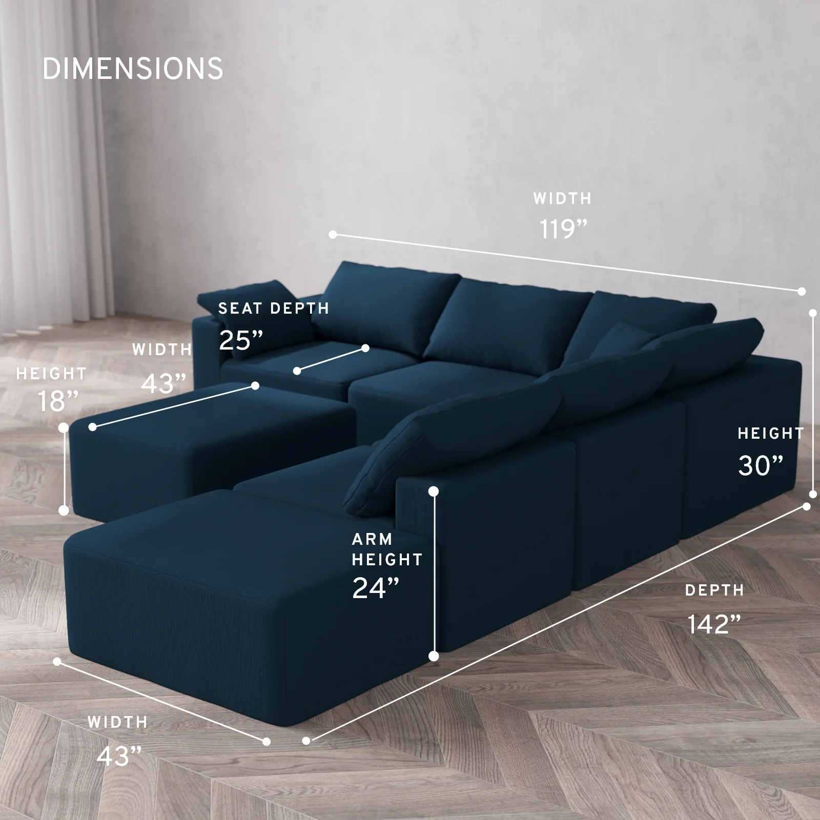 Modular Washable 6-Seater Open End Corner Sectional + Chaise Ottoman Cloud Sofa | Left-Facing Arm | Arden Weave in Lazuli - Image 5