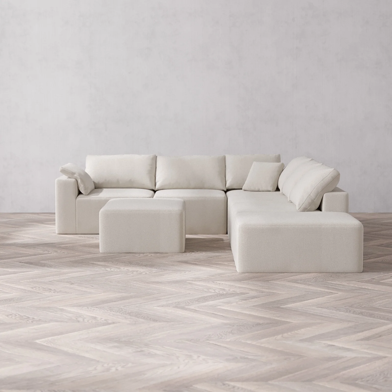 Modular Washable 6-Seater Open End Corner Sectional + Chaise Ottoman Cloud Sofa | Left-Facing Arm | Lux Weave in Pearl