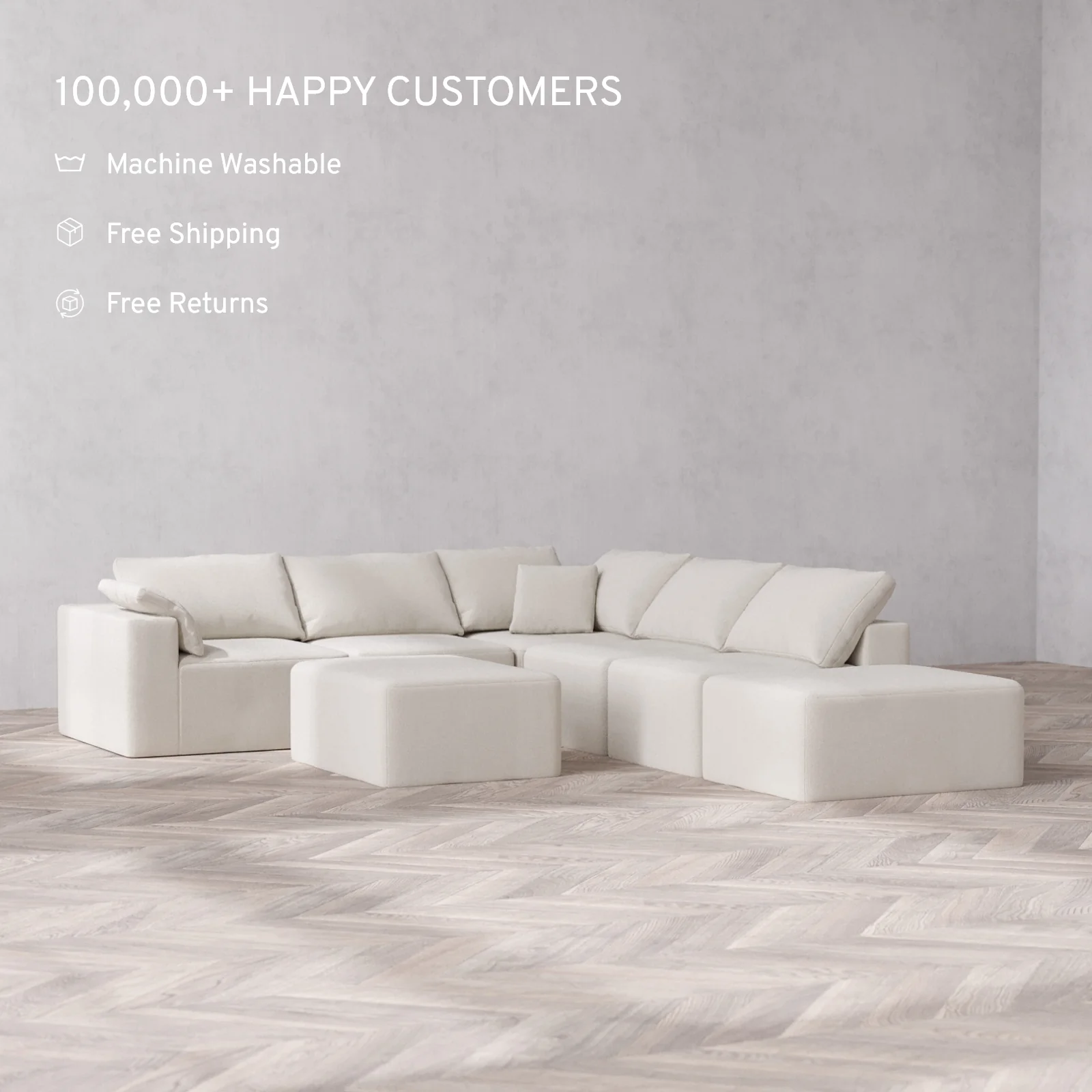 Modular Washable 6-Seater Open End Corner Sectional + Chaise Ottoman Cloud Sofa | Left-Facing Arm | Lux Weave in Pearl - Image 2