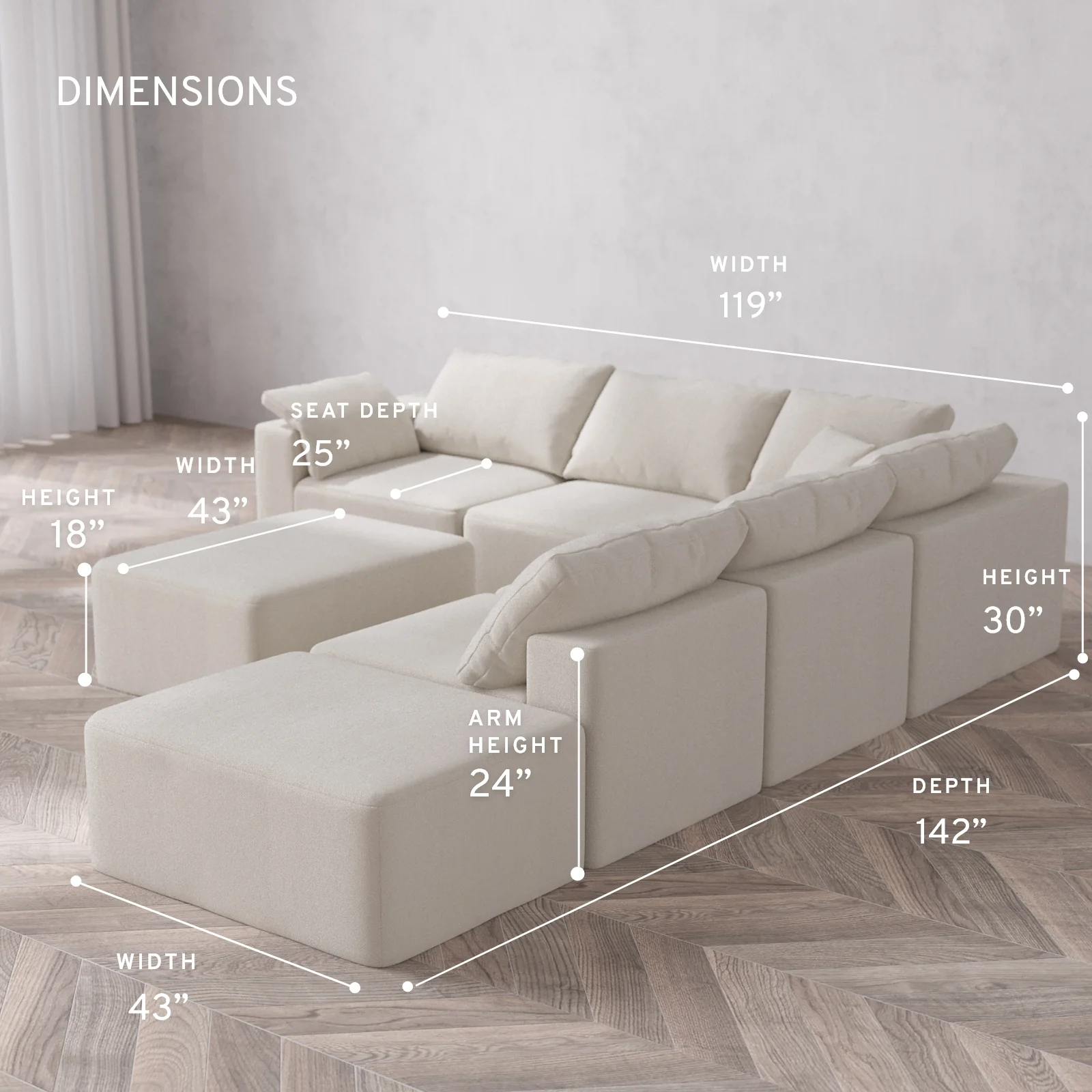 Modular Washable 6-Seater Open End Corner Sectional + Chaise Ottoman Cloud Sofa | Left-Facing Arm | Lux Weave in Pearl - Image 5