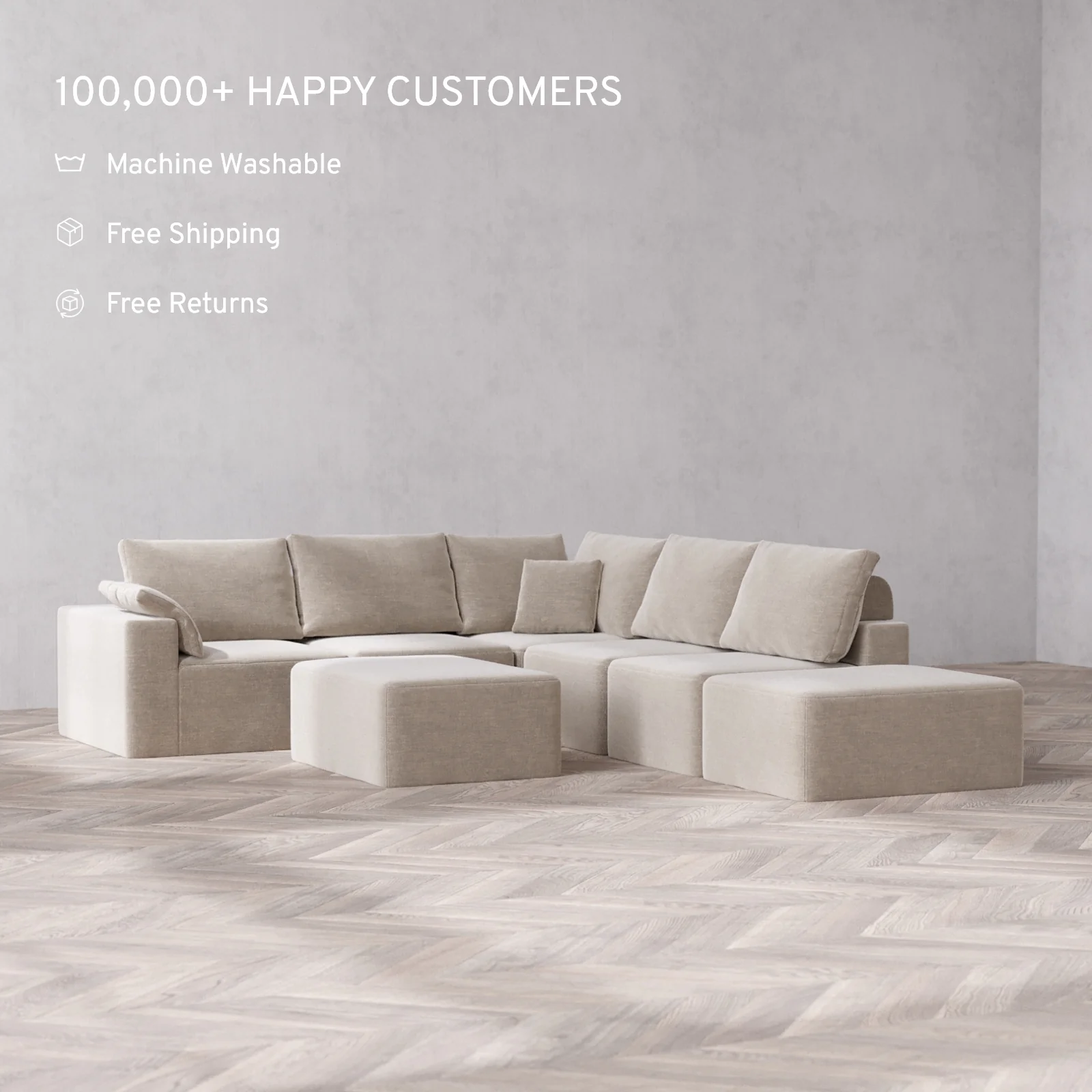 Modular Washable 6-Seater Open End Corner Sectional + Chaise Ottoman Cloud + Bolster Sofa | Left-Facing Arm | Satin Velvet in Caraway - Image 2