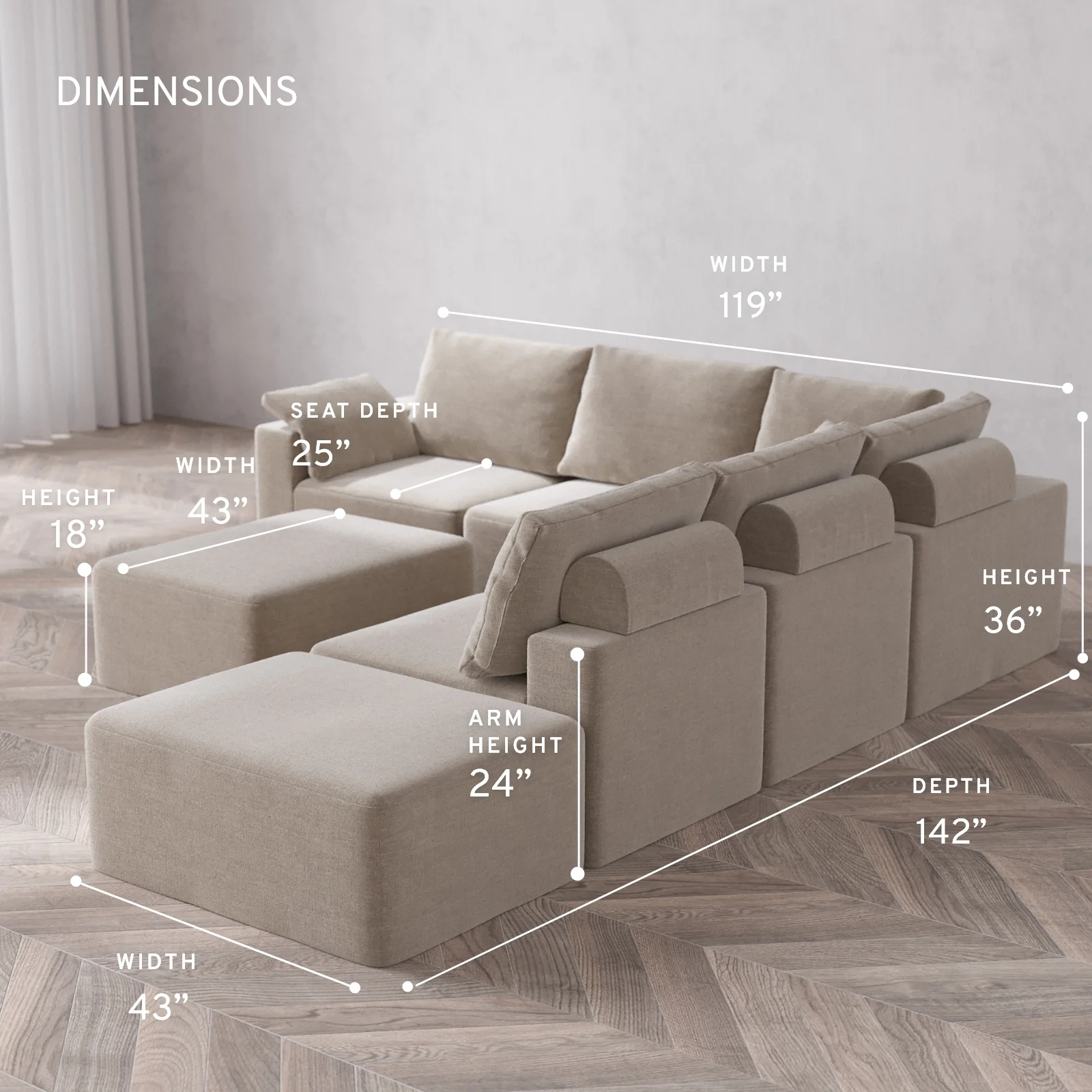 Modular Washable 6-Seater Open End Corner Sectional + Chaise Ottoman Cloud + Bolster Sofa | Left-Facing Arm | Satin Velvet in Caraway - Image 5