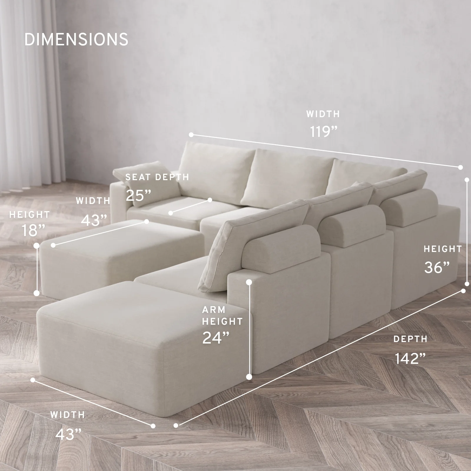 Modular Washable 6-Seater Open End Corner Sectional + Chaise Ottoman Cloud + Bolster Sofa | Left-Facing Arm | Satin Velvet in Cashew - Image 5