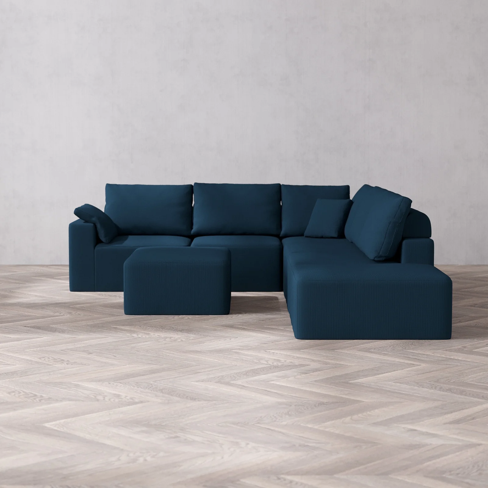 Modular Washable 6-Seater Open End Corner Sectional + Chaise Ottoman Cloud + Bolster Sofa | Left-Facing Arm | Arden Weave in Lazuli
