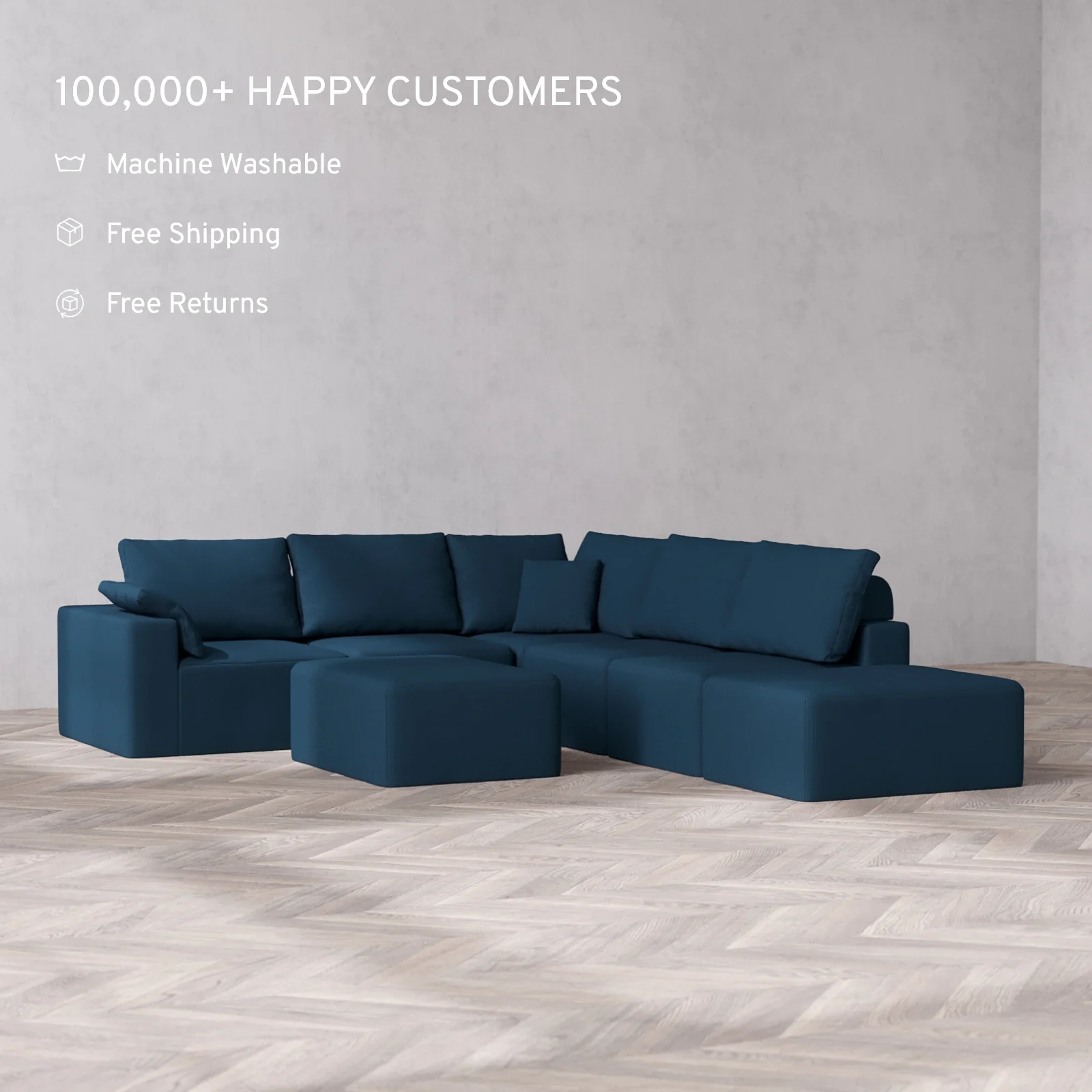 Modular Washable 6-Seater Open End Corner Sectional + Chaise Ottoman Cloud + Bolster Sofa | Left-Facing Arm | Arden Weave in Lazuli - Image 2