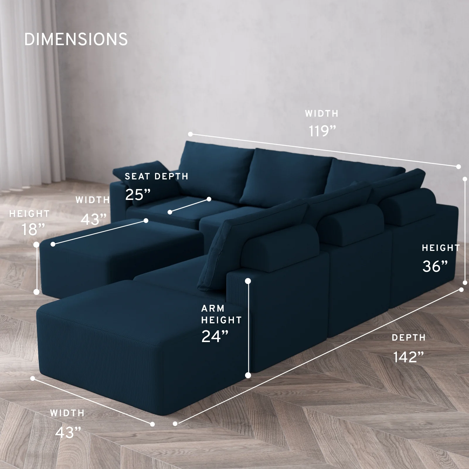 Modular Washable 6-Seater Open End Corner Sectional + Chaise Ottoman Cloud + Bolster Sofa | Left-Facing Arm | Arden Weave in Lazuli - Image 5