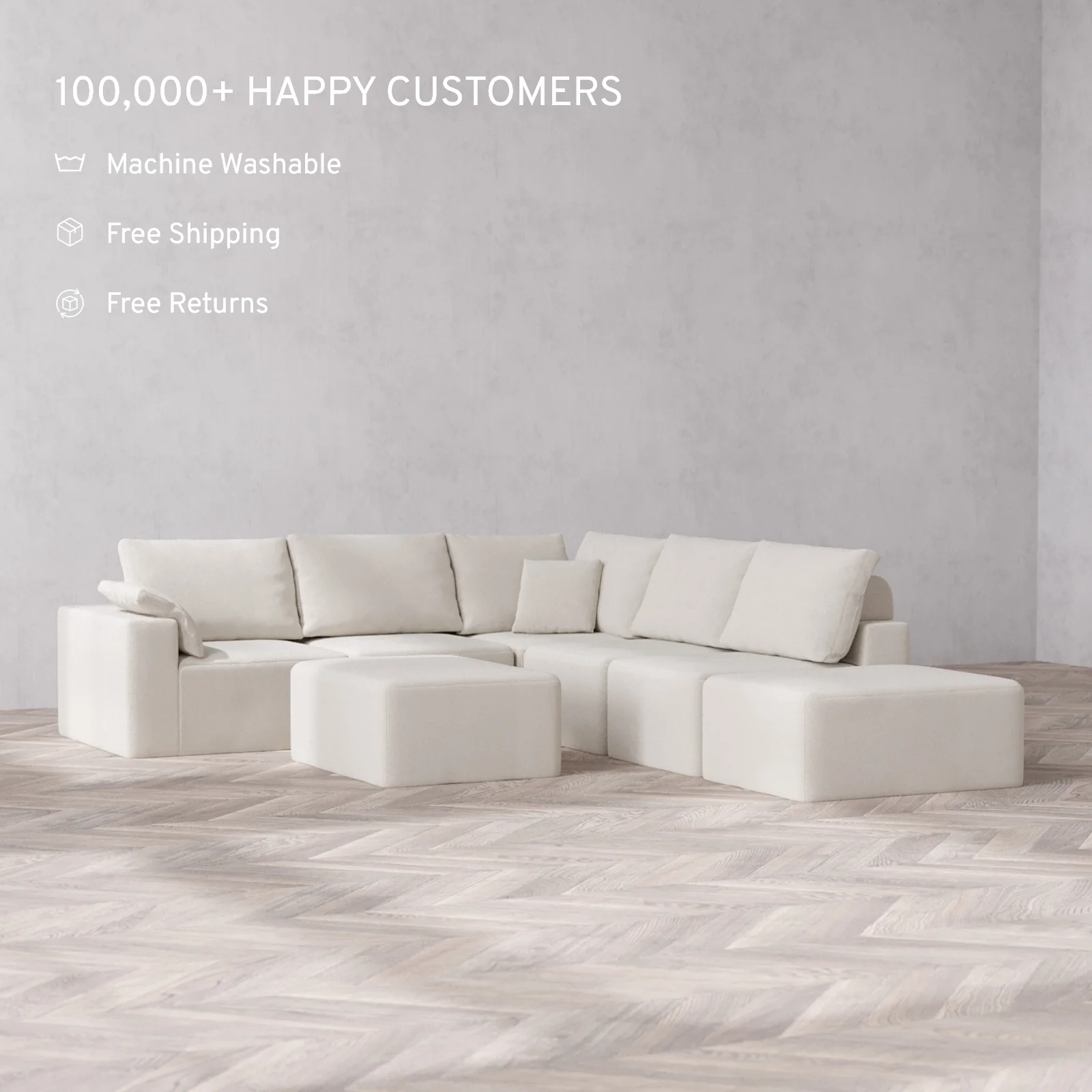 Modular Washable 6-Seater Open End Corner Sectional + Chaise Ottoman Cloud + Bolster Sofa | Left-Facing Arm | Lux Weave in Pearl - Image 2
