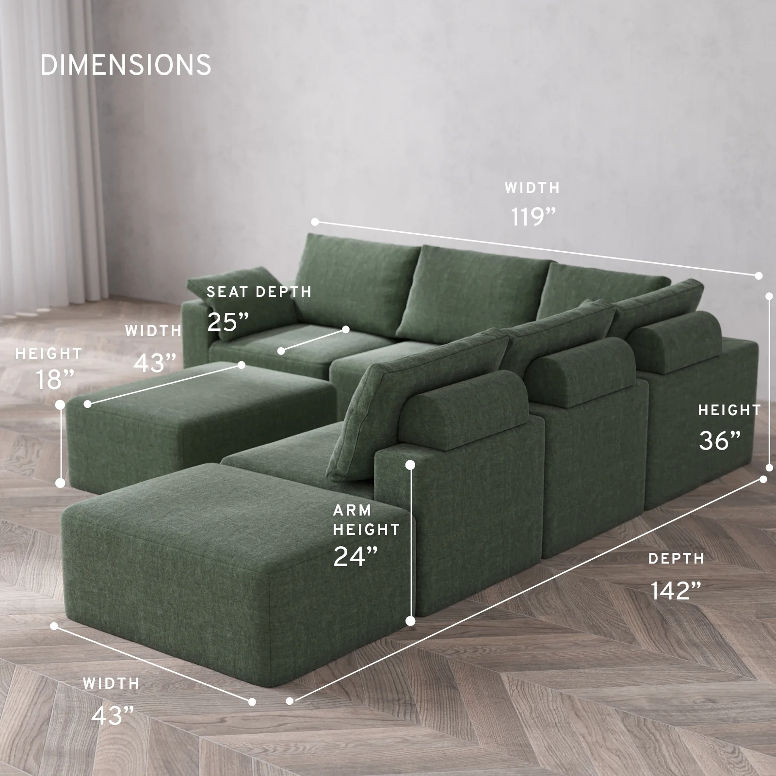 Modular Washable 6-Seater Open End Corner Sectional + Chaise Ottoman Cloud + Bolster Sofa | Left-Facing Arm | Heirloom Velvet in Sage - Image 5