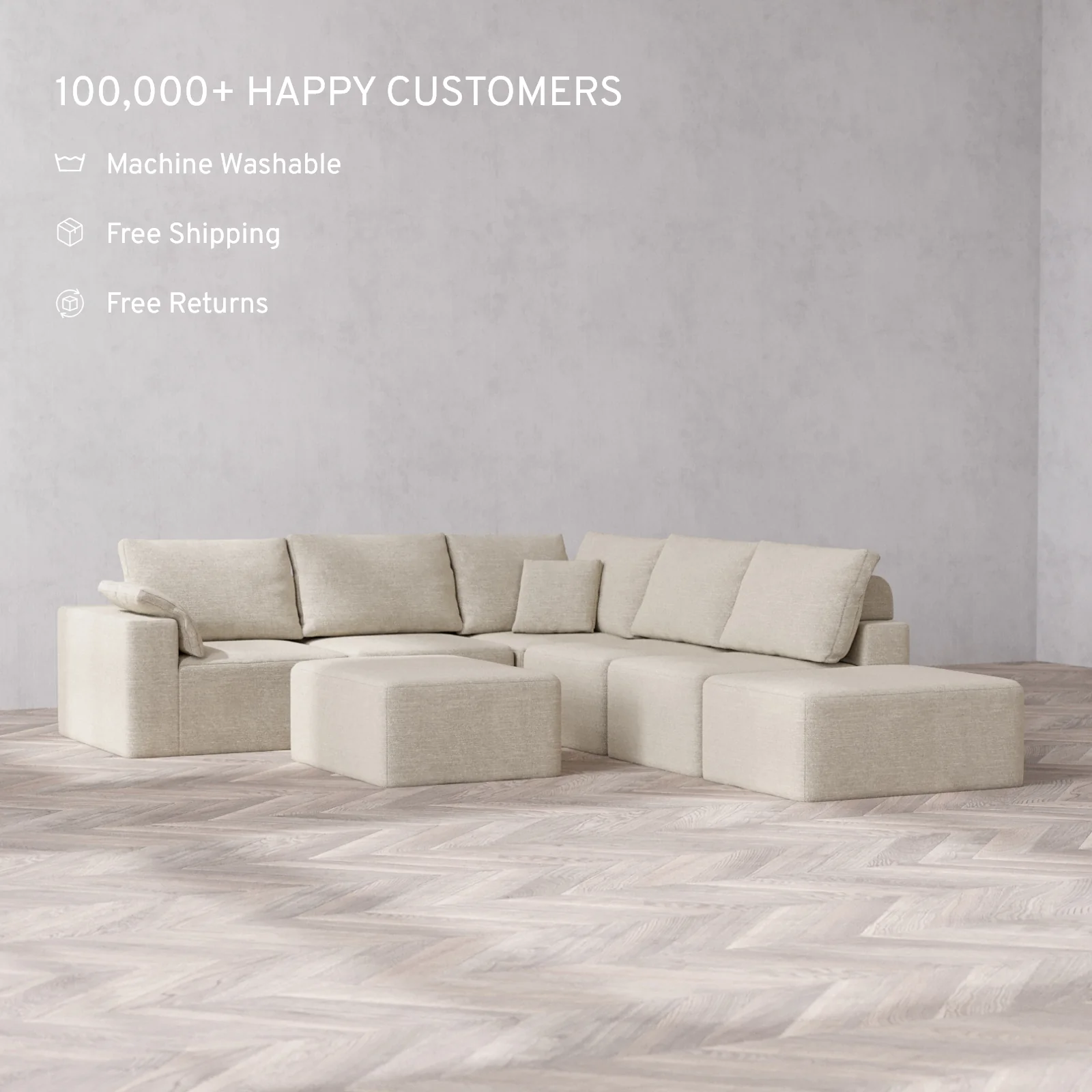 Modular Washable 6-Seater Open End Corner Sectional + Chaise Ottoman Cloud + Bolster Sofa | Left-Facing Arm | Plush Twill in Sandstone - Image 2