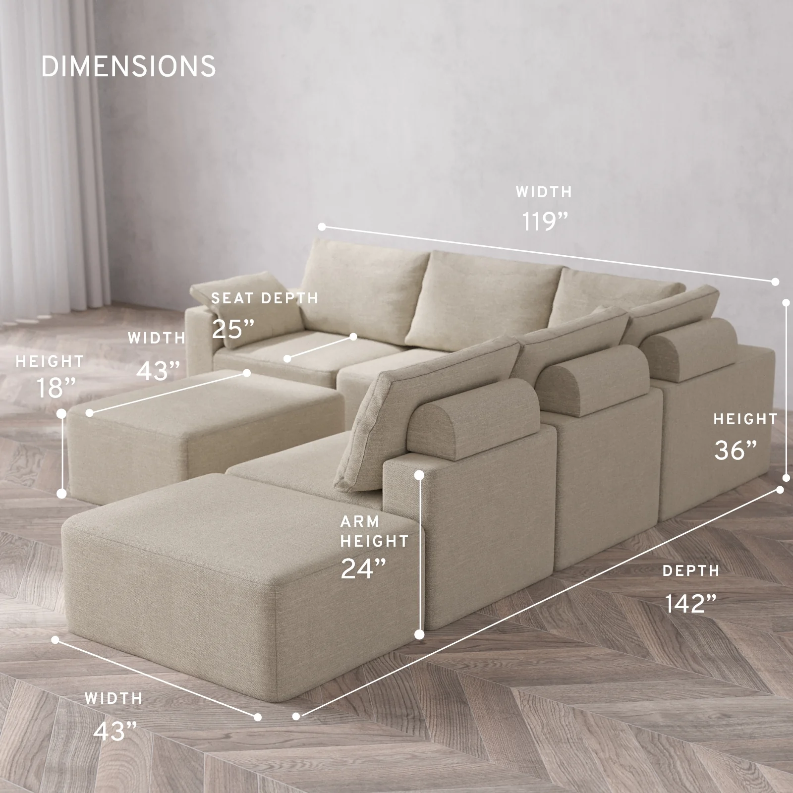 Modular Washable 6-Seater Open End Corner Sectional + Chaise Ottoman Cloud + Bolster Sofa | Left-Facing Arm | Plush Twill in Sandstone - Image 5