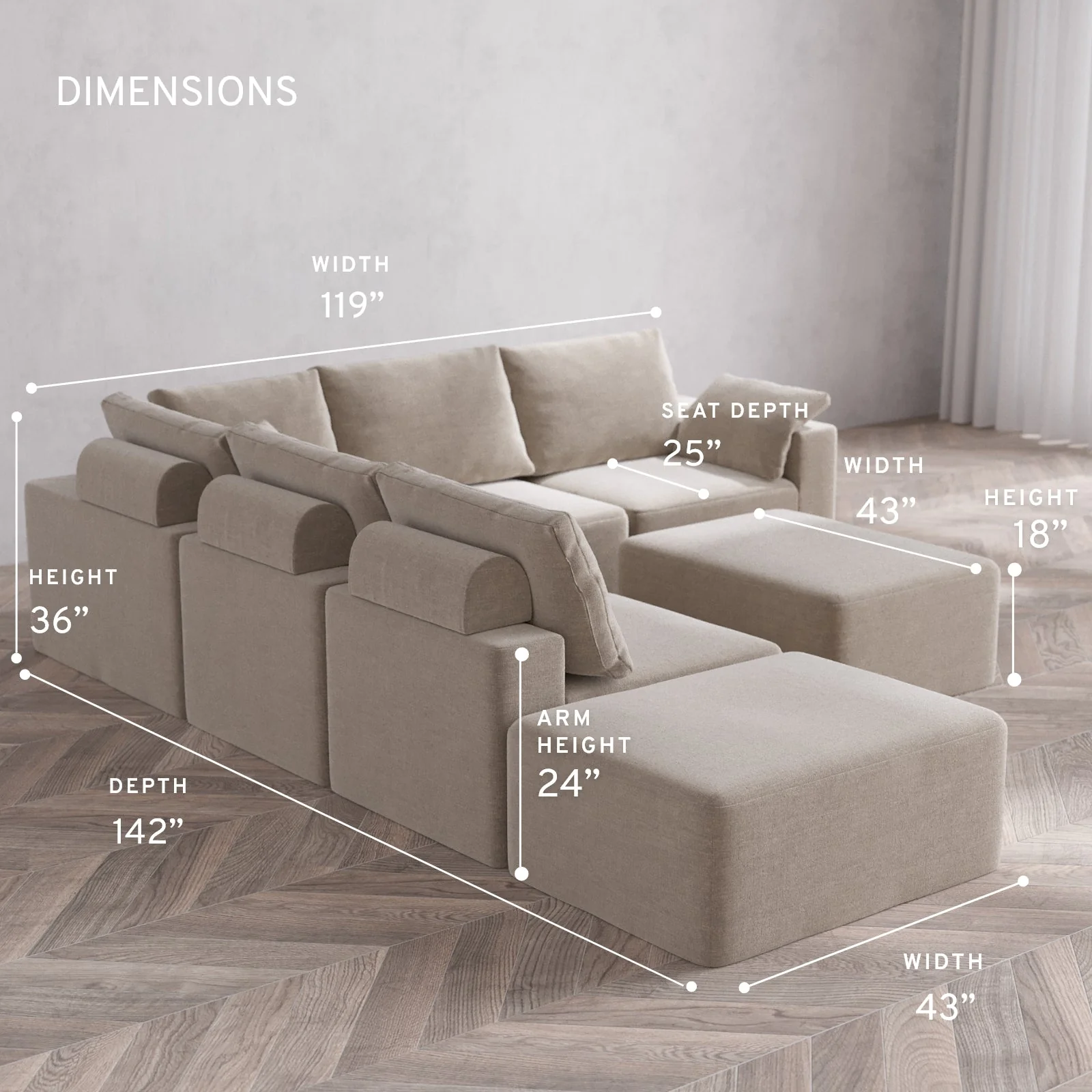Modular Washable 6-Seater Open End Corner Sectional + Chaise Ottoman Cloud + Bolster Sofa | Right-Facing Arm | Satin Velvet in Caraway - Image 5