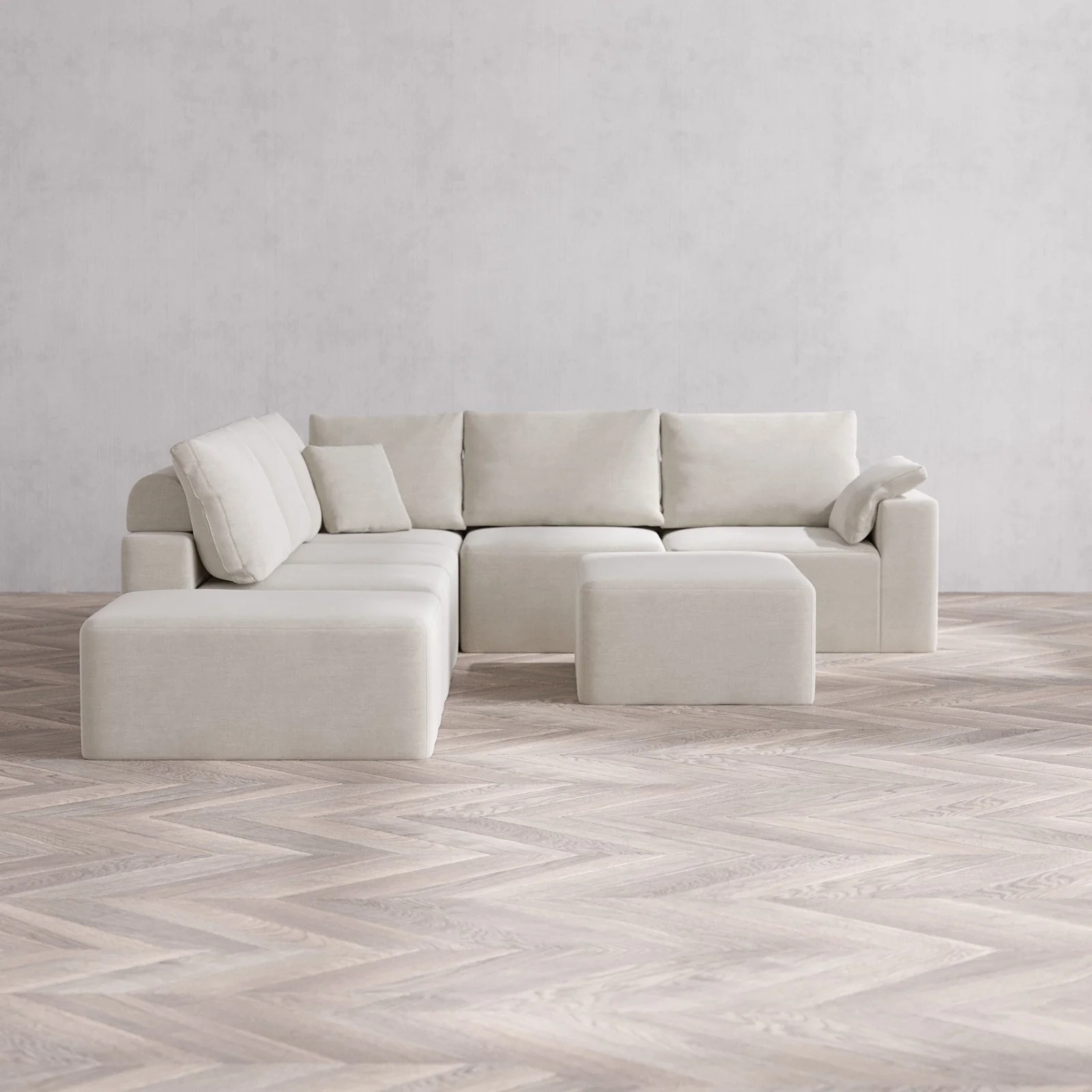 Modular Washable 6-Seater Open End Corner Sectional + Chaise Ottoman Cloud + Bolster Sofa | Right-Facing Arm | Satin Velvet in Cashew