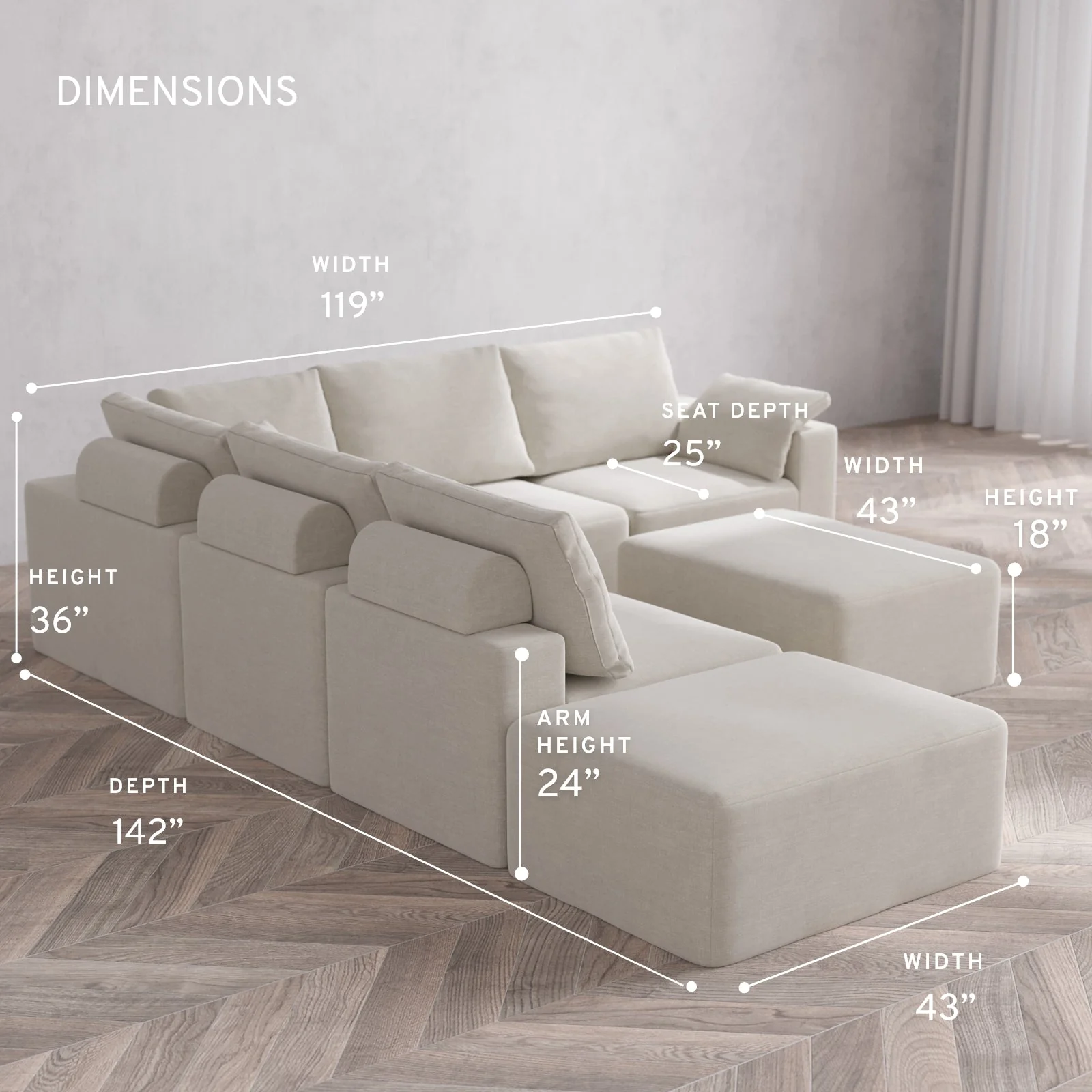 Modular Washable 6-Seater Open End Corner Sectional + Chaise Ottoman Cloud + Bolster Sofa | Right-Facing Arm | Satin Velvet in Cashew - Image 5