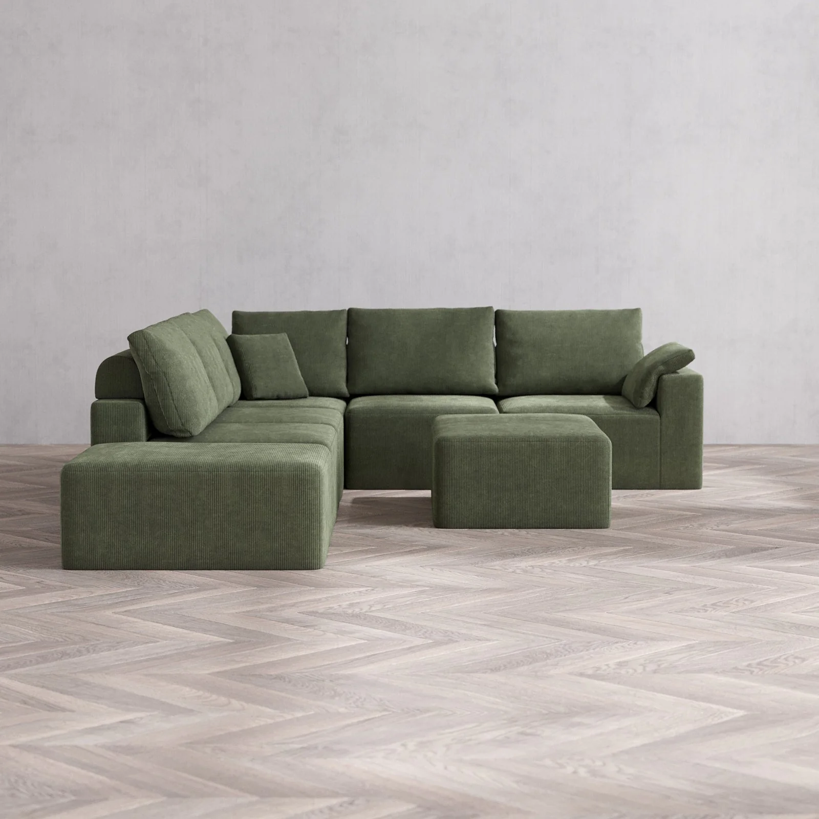 Modular Washable 6-Seater Open End Corner Sectional + Chaise Ottoman Cloud + Bolster Sofa | Right-Facing Arm | Luxe Corduroy in Juniper