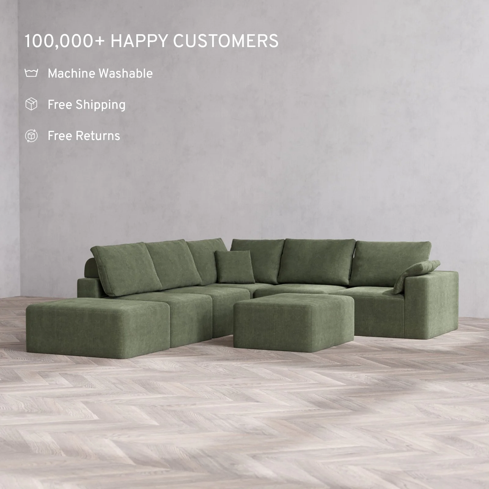 Modular Washable 6-Seater Open End Corner Sectional + Chaise Ottoman Cloud + Bolster Sofa | Right-Facing Arm | Luxe Corduroy in Juniper - Image 2