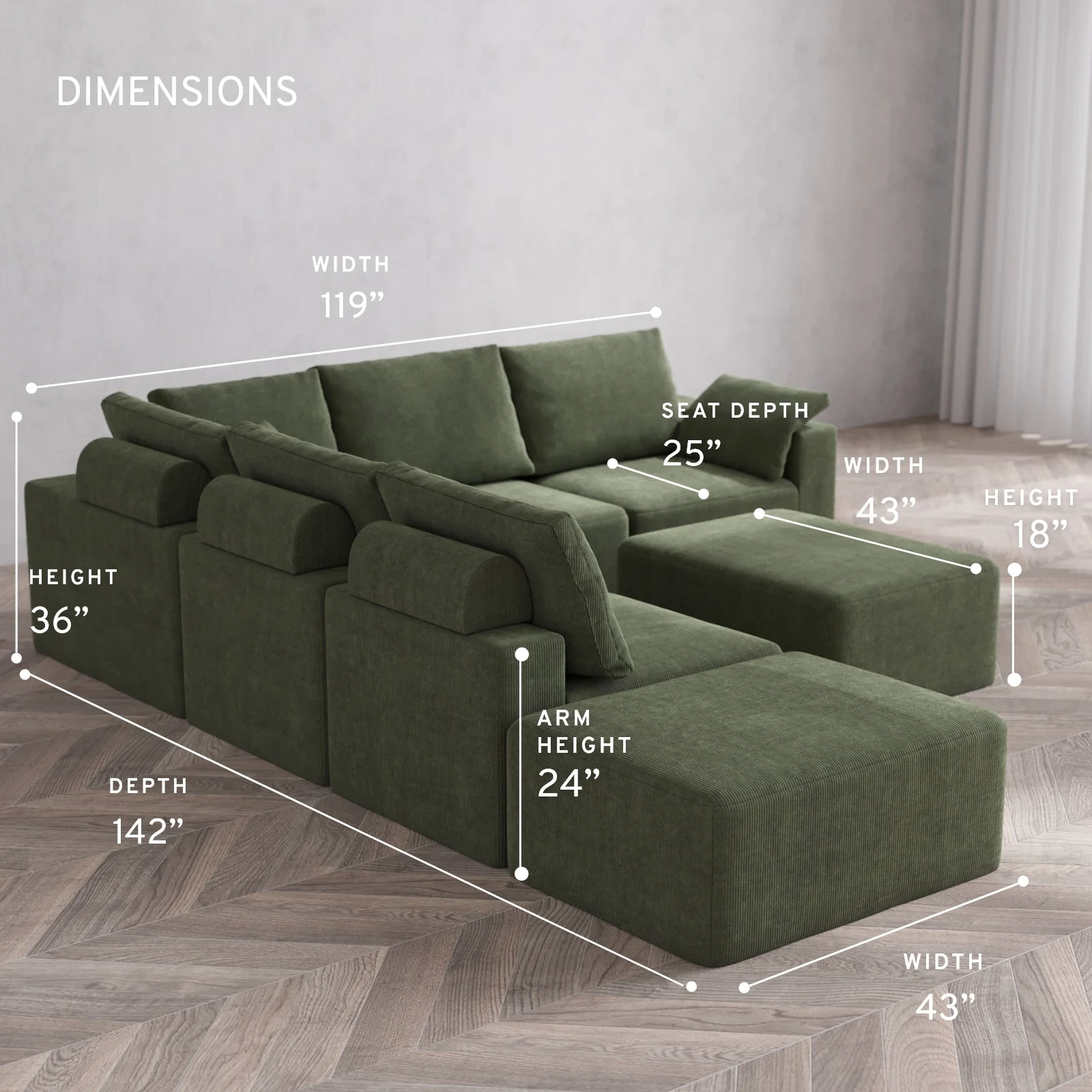 Modular Washable 6-Seater Open End Corner Sectional + Chaise Ottoman Cloud + Bolster Sofa | Right-Facing Arm | Luxe Corduroy in Juniper - Image 5