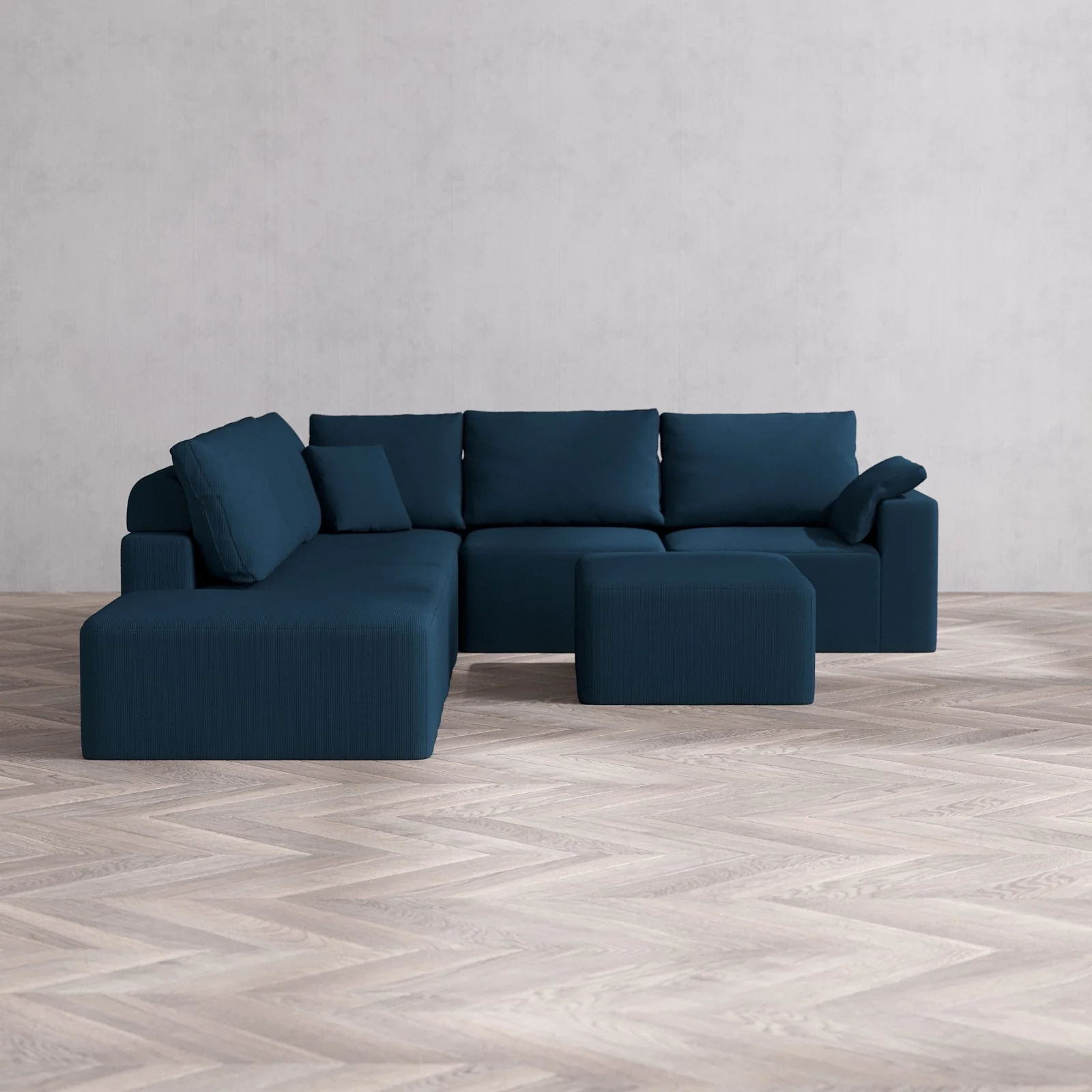 Modular Washable 6-Seater Open End Corner Sectional + Chaise Ottoman Cloud + Bolster Sofa | Right-Facing Arm | Arden Weave in Lazuli