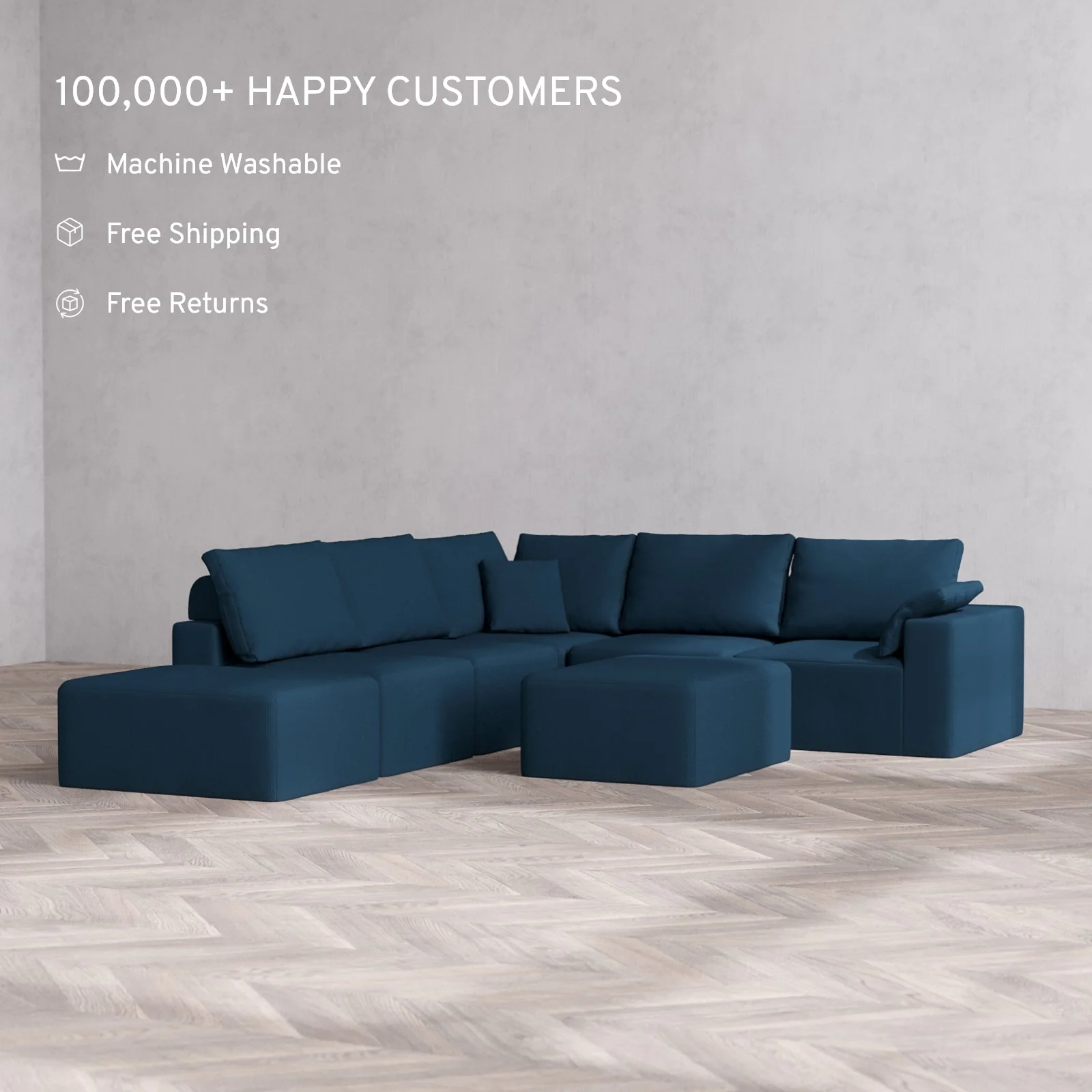 Modular Washable 6-Seater Open End Corner Sectional + Chaise Ottoman Cloud + Bolster Sofa | Right-Facing Arm | Arden Weave in Lazuli - Image 2
