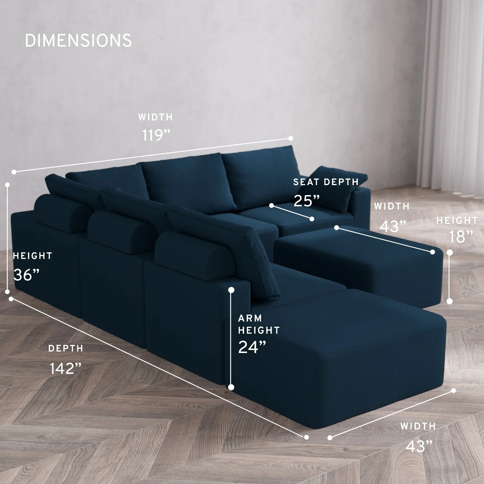 Modular Washable 6-Seater Open End Corner Sectional + Chaise Ottoman Cloud + Bolster Sofa | Right-Facing Arm | Arden Weave in Lazuli - Image 5