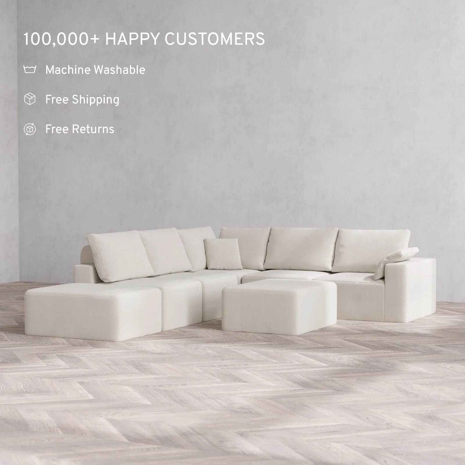 Modular Washable 6-Seater Open End Corner Sectional + Chaise Ottoman Cloud + Bolster Sofa | Right-Facing Arm | Lux Weave in Pearl - Image 2