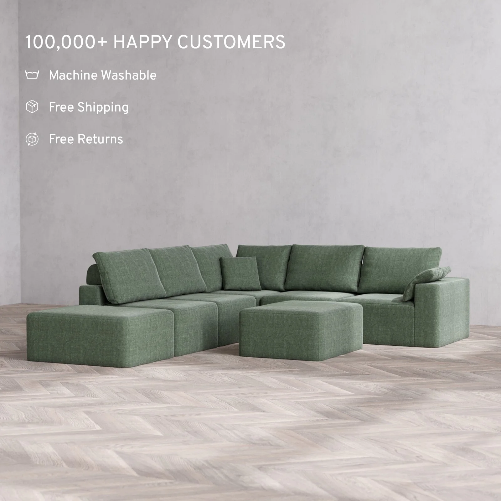 Modular Washable 6-Seater Open End Corner Sectional + Chaise Ottoman Cloud + Bolster Sofa | Right-Facing Arm | Heirloom Velvet in Sage - Image 2