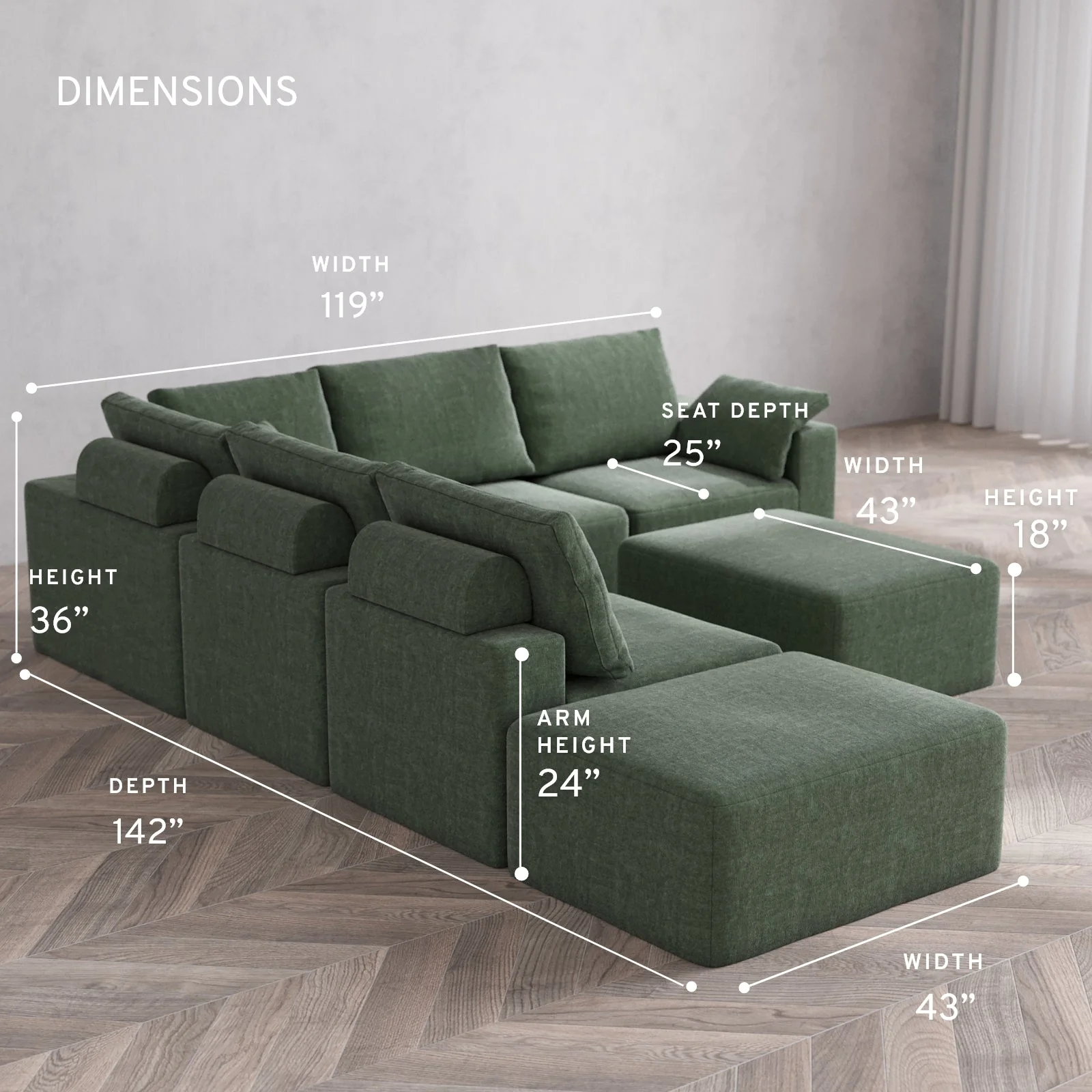 Modular Washable 6-Seater Open End Corner Sectional + Chaise Ottoman Cloud + Bolster Sofa | Right-Facing Arm | Heirloom Velvet in Sage - Image 5