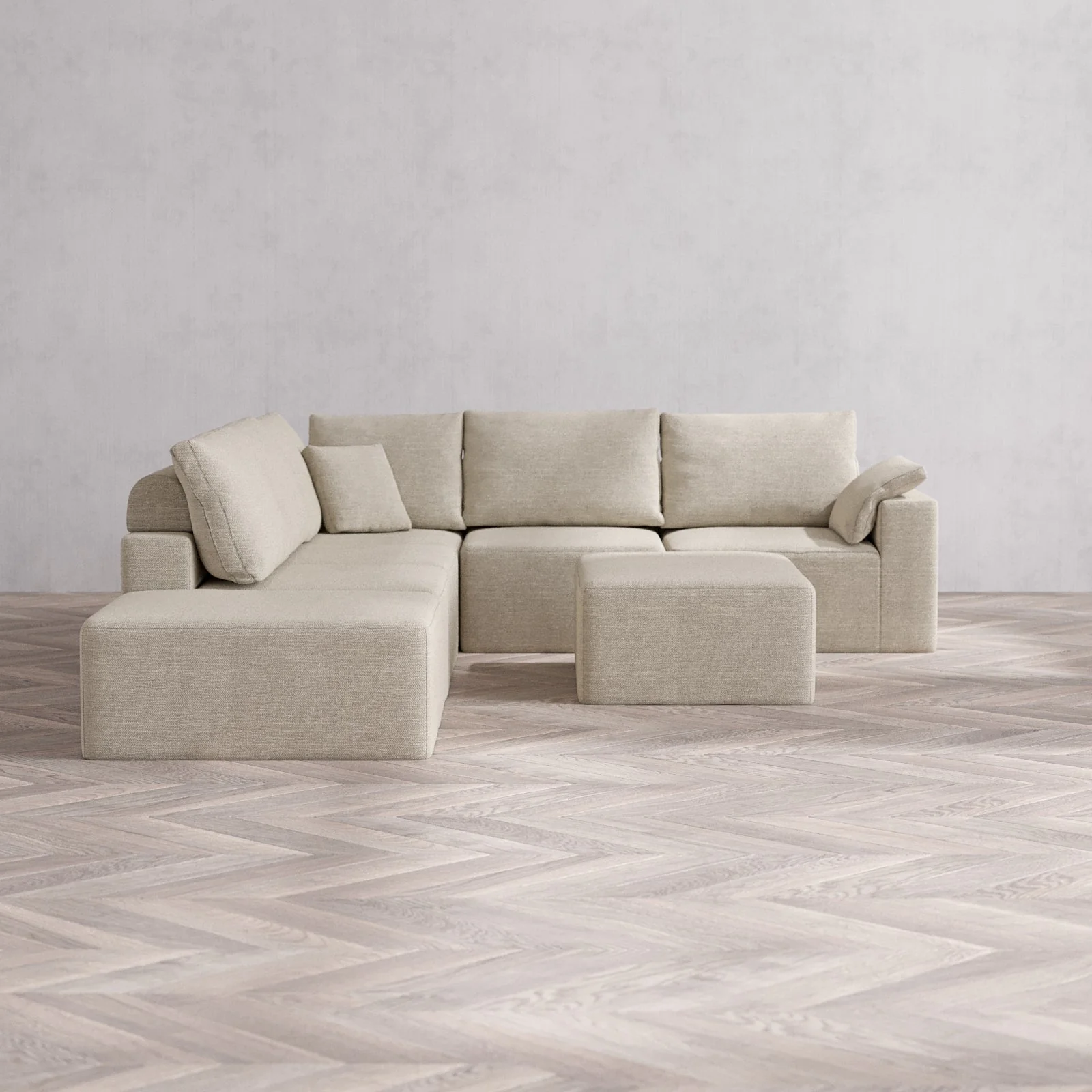 Modular Washable 6-Seater Open End Corner Sectional + Chaise Ottoman Cloud + Bolster Sofa | Right-Facing Arm | Plush Twill in Sandstone