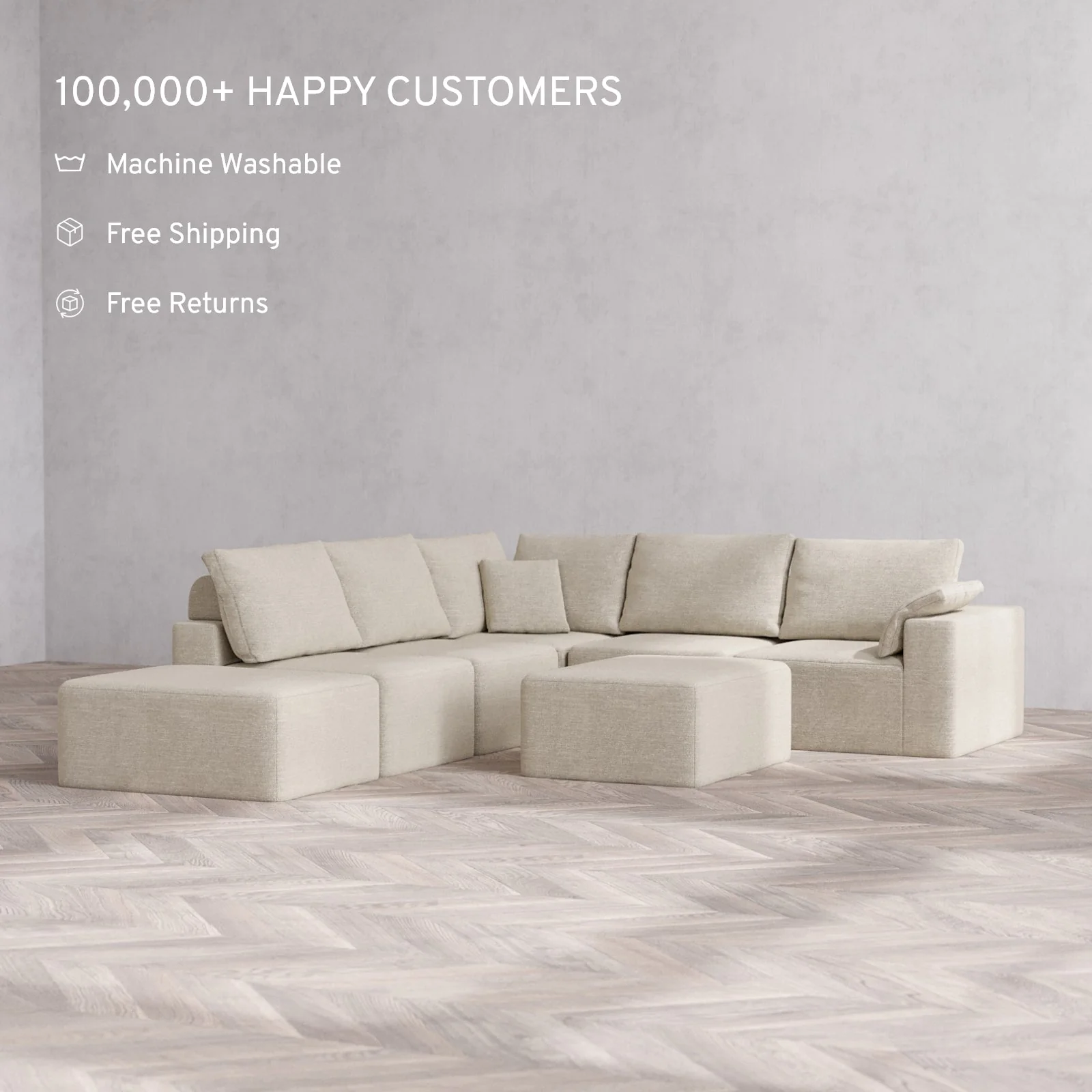 Modular Washable 6-Seater Open End Corner Sectional + Chaise Ottoman Cloud + Bolster Sofa | Right-Facing Arm | Plush Twill in Sandstone - Image 2