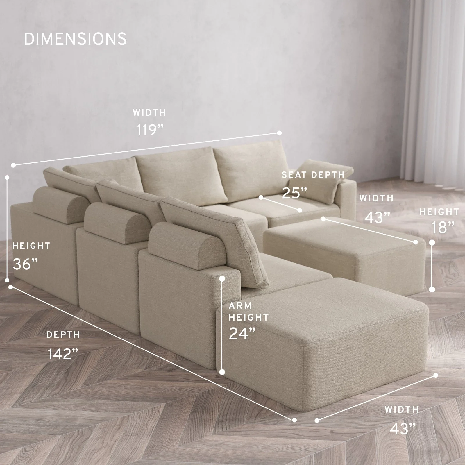 Modular Washable 6-Seater Open End Corner Sectional + Chaise Ottoman Cloud + Bolster Sofa | Right-Facing Arm | Plush Twill in Sandstone - Image 5