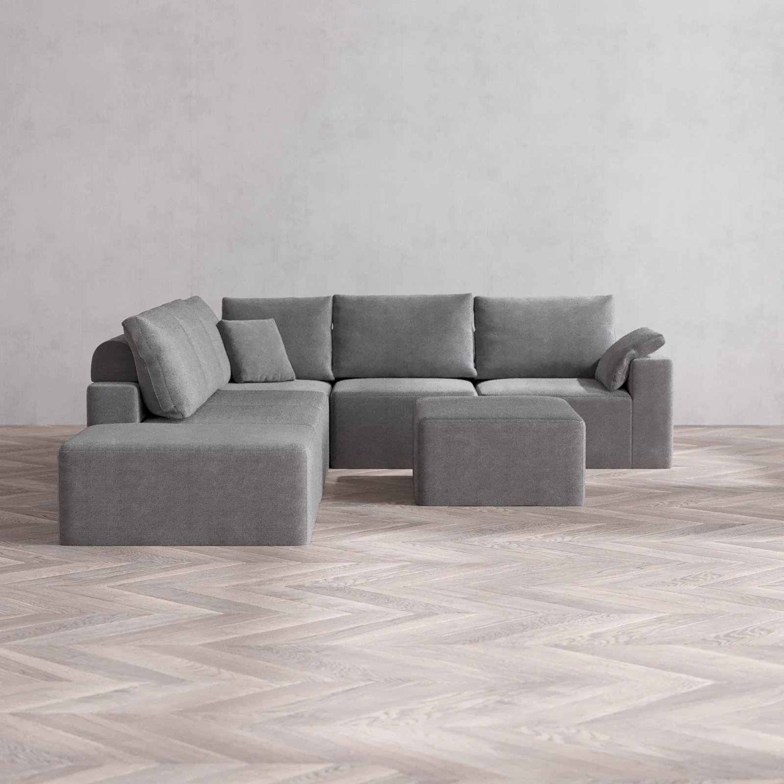 Modular Washable 6-Seater Open End Corner Sectional + Chaise Ottoman Cloud + Bolster Sofa | Right-Facing Arm | Lux Weave in Slate