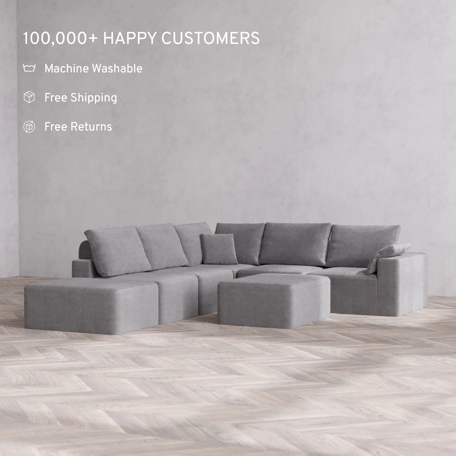 Modular Washable 6-Seater Open End Corner Sectional + Chaise Ottoman Cloud + Bolster Sofa | Right-Facing Arm | Lux Weave in Slate - Image 2
