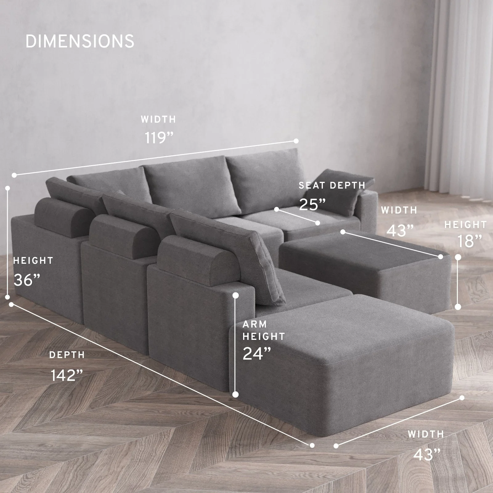 Modular Washable 6-Seater Open End Corner Sectional + Chaise Ottoman Cloud + Bolster Sofa | Right-Facing Arm | Lux Weave in Slate - Image 5