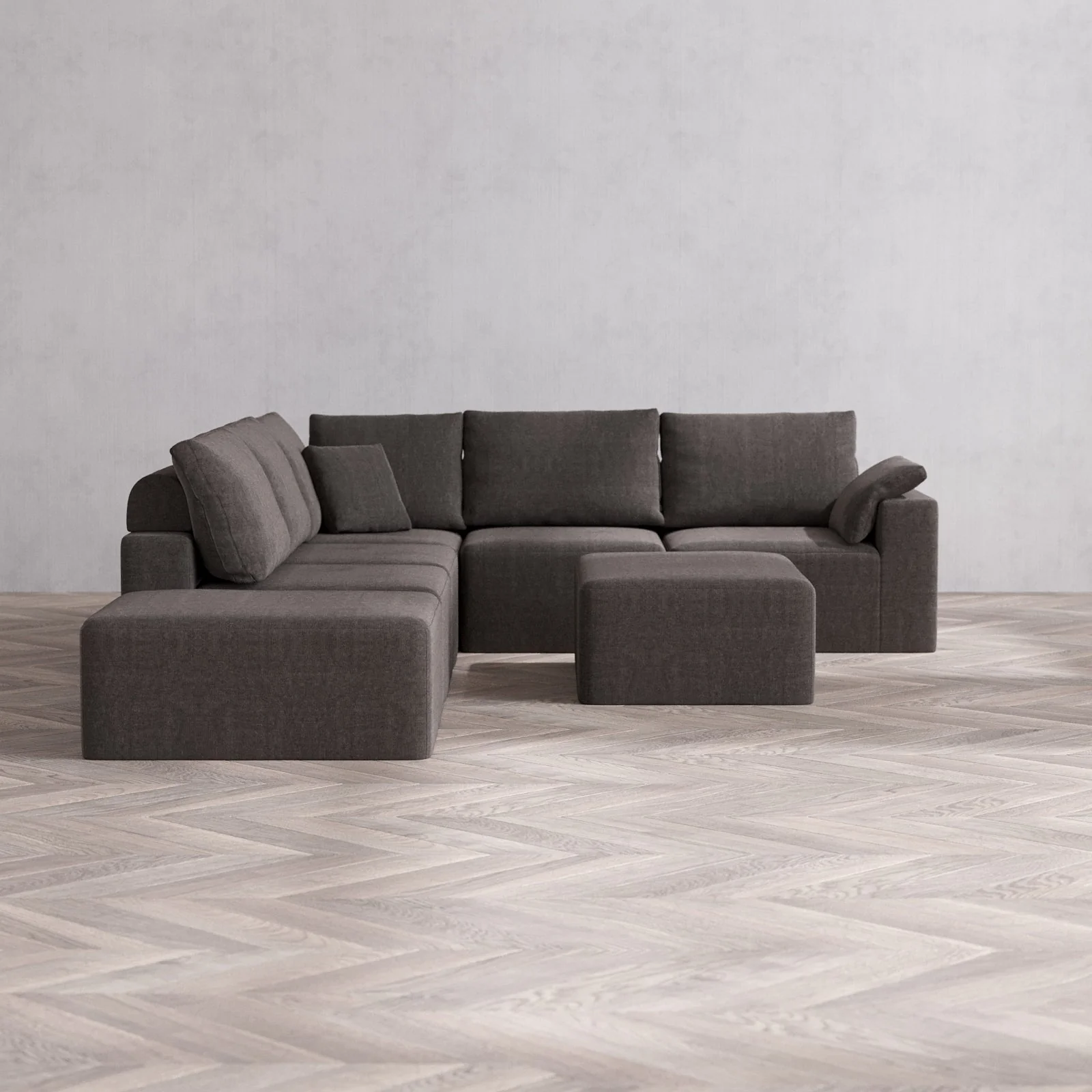 Modular Washable 6-Seater Open End Corner Sectional + Chaise Ottoman Cloud + Bolster Sofa | Right-Facing Arm | Heirloom Velvet in Truffle