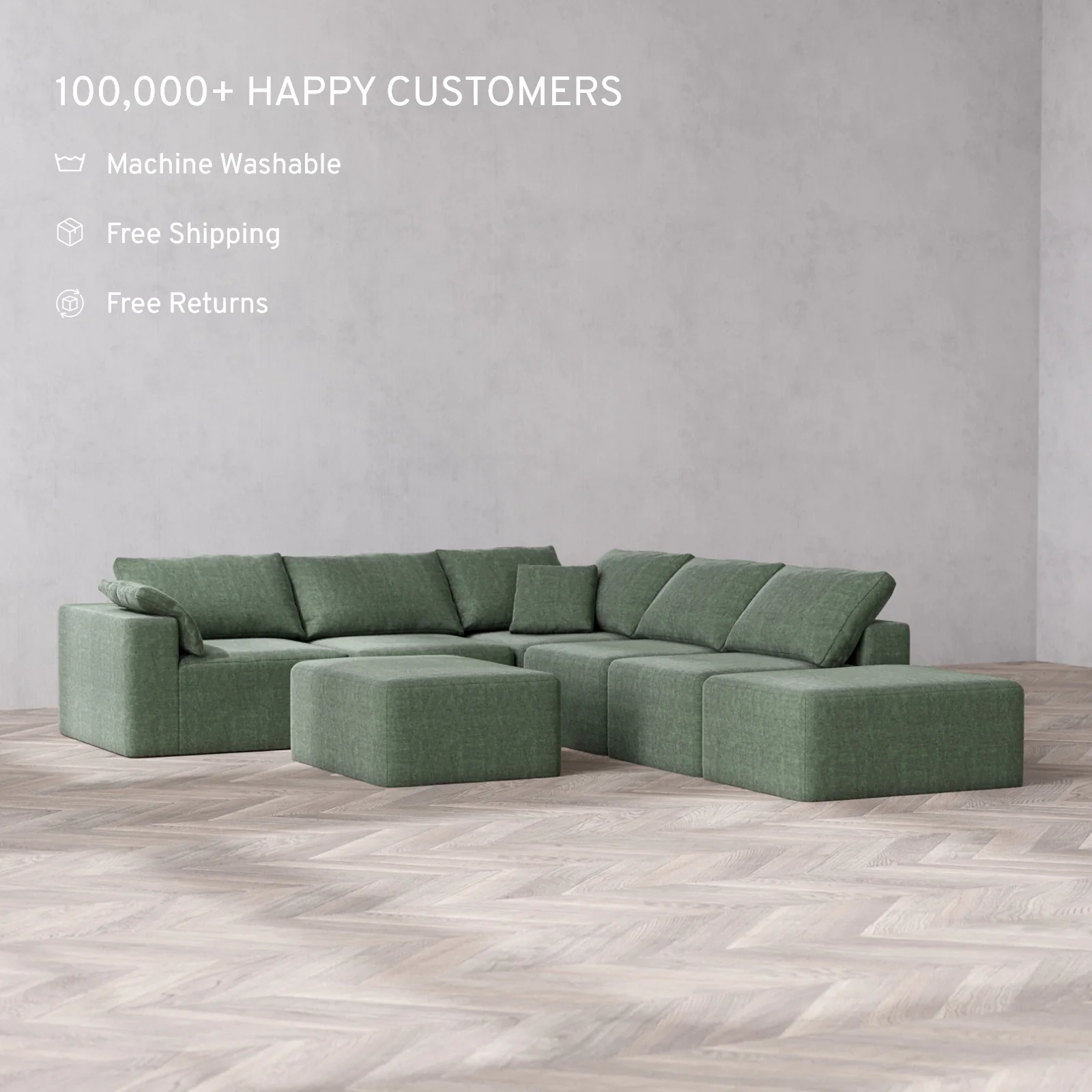 Modular Washable 6-Seater Open End Corner Sectional + Chaise Ottoman Cloud Sofa | Left-Facing Arm | Heirloom Velvet in Sage - Image 2