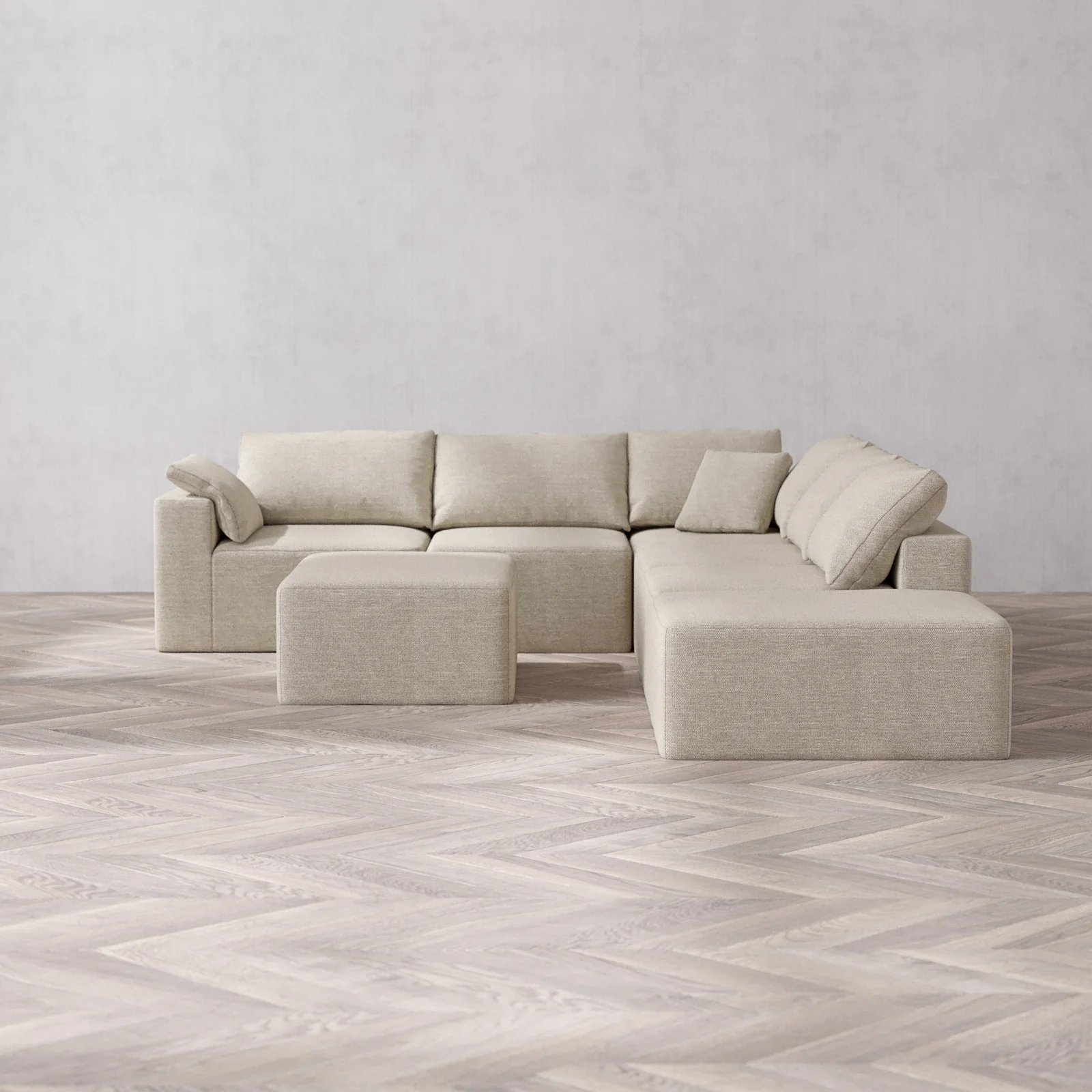Modular Washable 6-Seater Open End Corner Sectional + Chaise Ottoman Cloud Sofa | Left-Facing Arm | Plush Twill in Sandstone