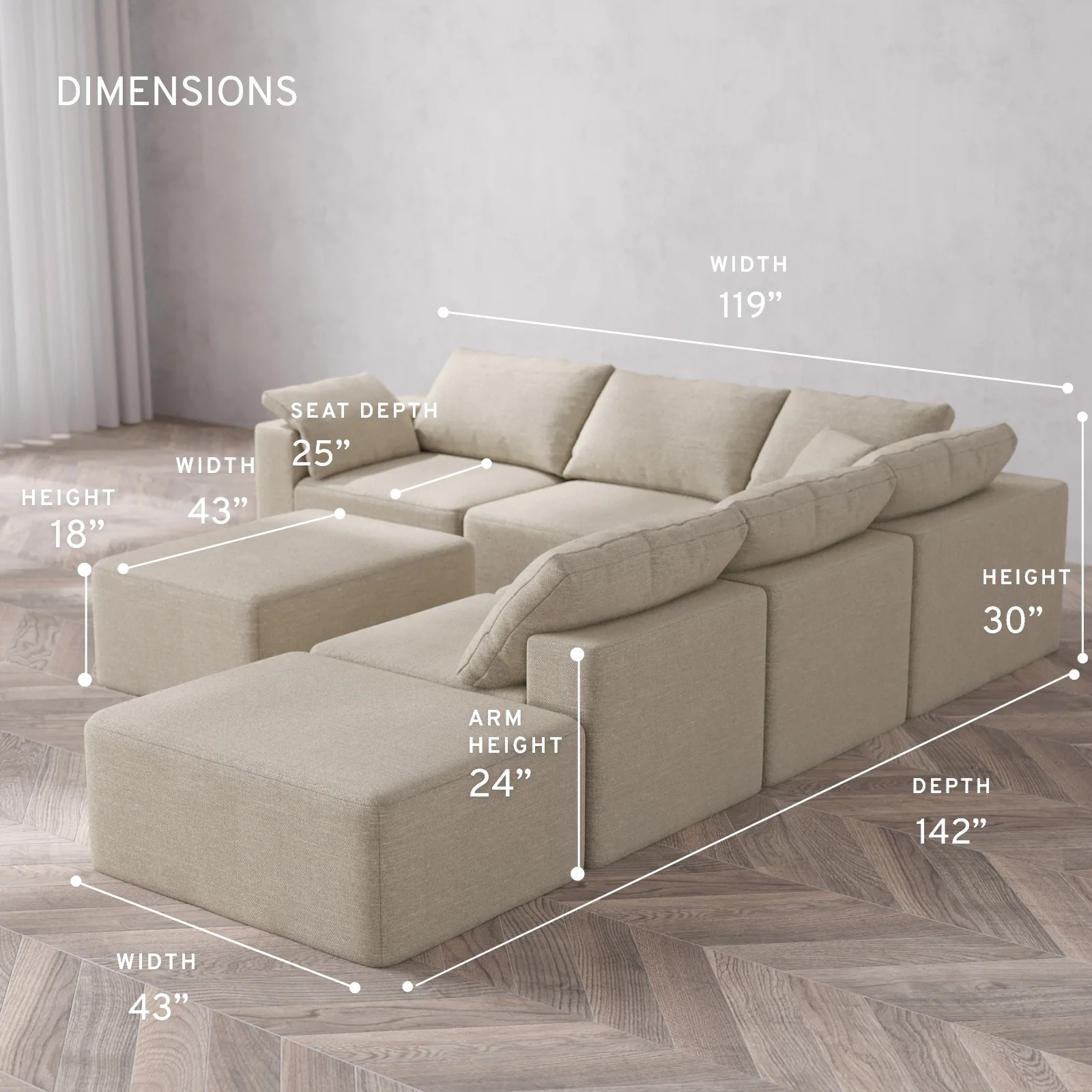 Modular Washable 6-Seater Open End Corner Sectional + Chaise Ottoman Cloud Sofa | Left-Facing Arm | Plush Twill in Sandstone - Image 5