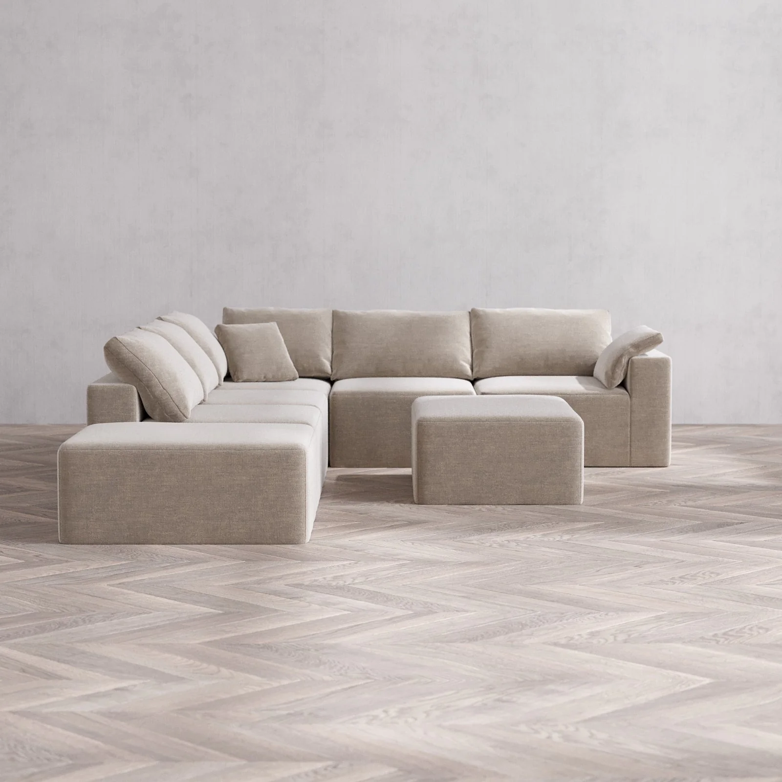 Modular Washable 6-Seater Open End Corner Sectional + Chaise Ottoman Cloud Sofa | Right-Facing Arm | Satin Velvet in Caraway